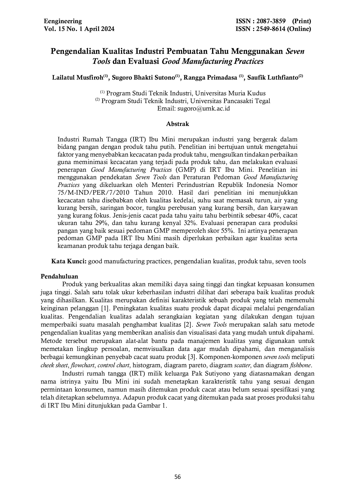 JURIS Pengendalian Kualitas Industri Pembuatan Tahu Menggunakan Seven Tools dan Evaluasi Good Manufacturing Practices