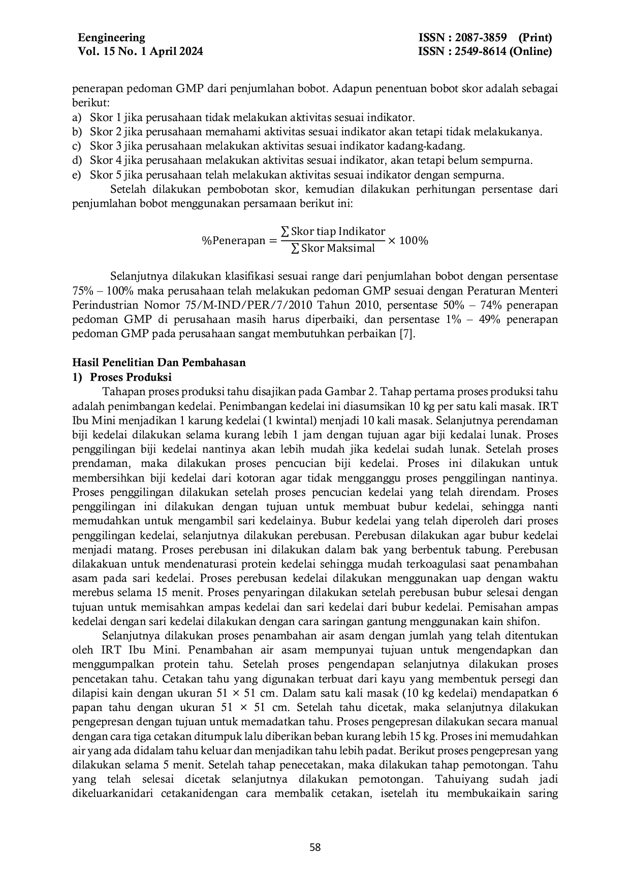 JURIS Pengendalian Kualitas Industri Pembuatan Tahu Menggunakan Seven Tools dan Evaluasi Good Manufacturing Practices