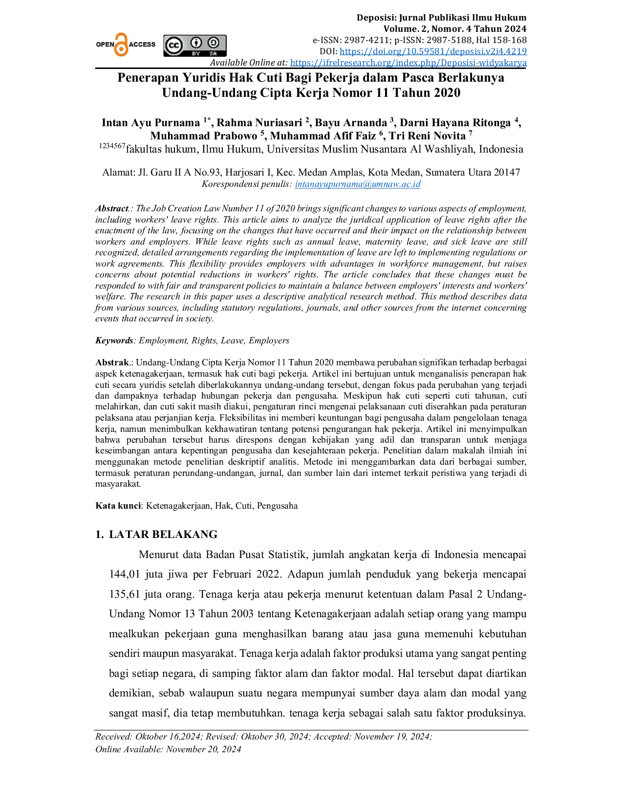 JURIS Penerapan Yuridis Hak Cuti Bagi Pekerja dalam Pasca Berlakunya Undang Undang Cipta Kerja Nomor 11 Tahun 2020