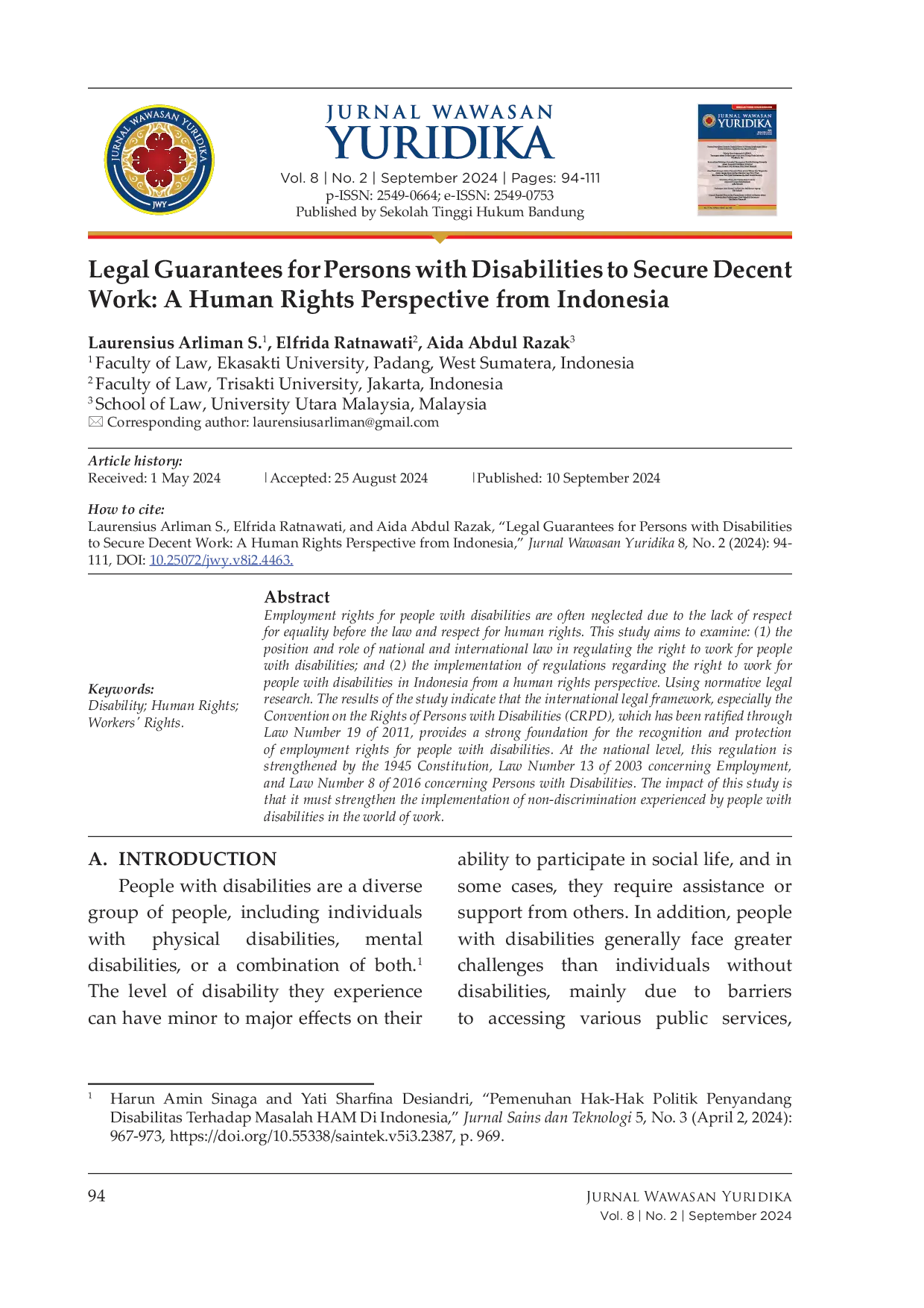 JURIS Legal Guarantees For Persons With Disabilities To Secure Decent Work A Human Rights Perspective From Indonesia