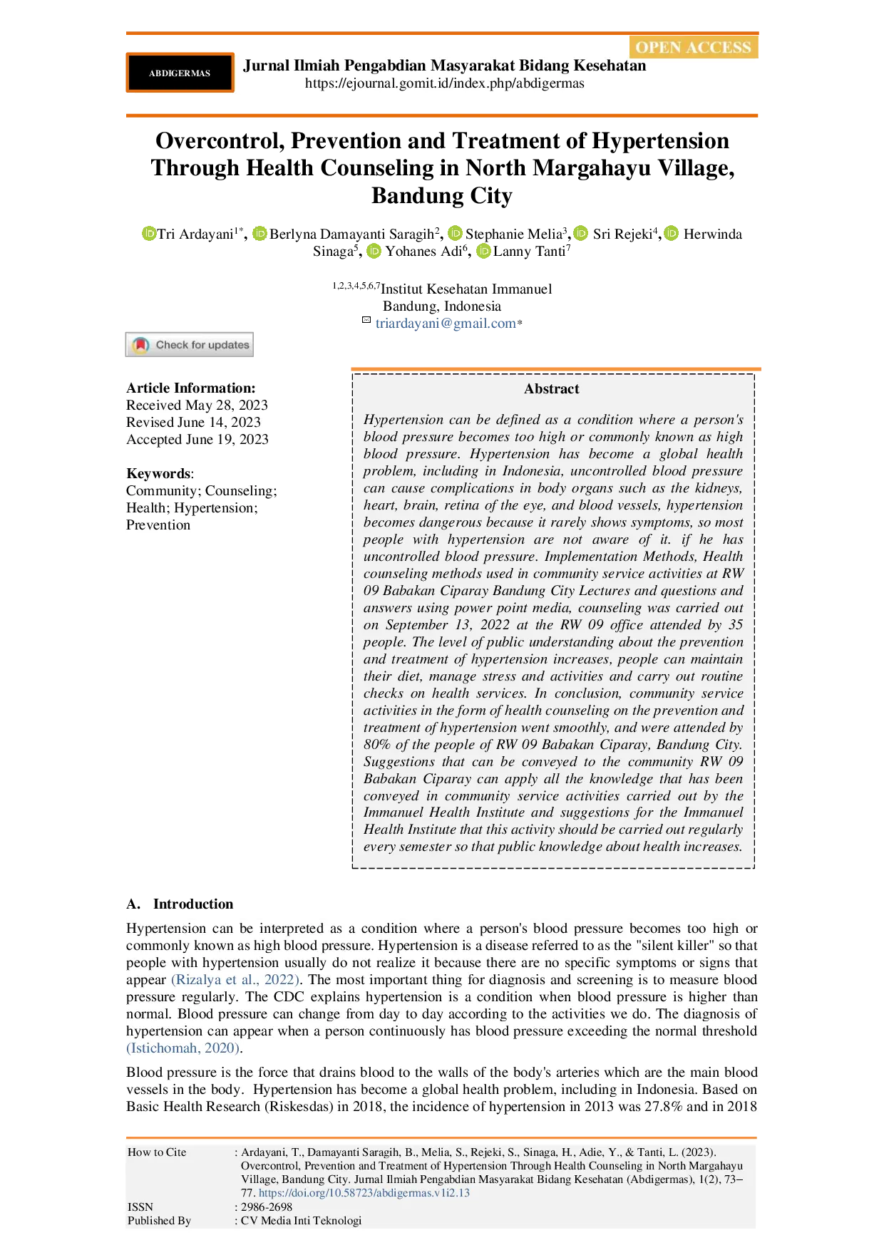 juris Overcontrol Prevention and Treatment of Hypertension Through Health Counseling in North Margahayu Village Bandung City