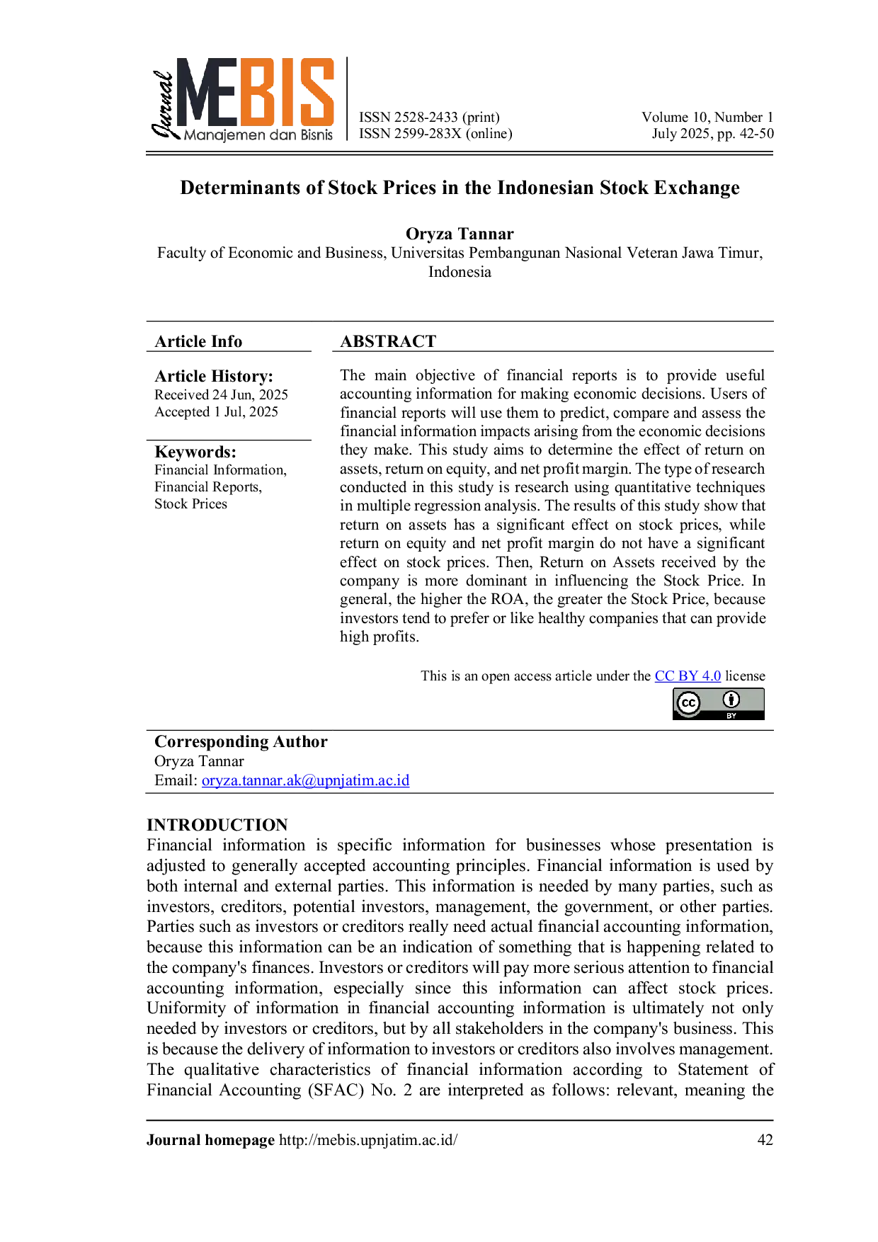 JURIS Determinants of Stock Prices in the Indonesian Stock Exchange