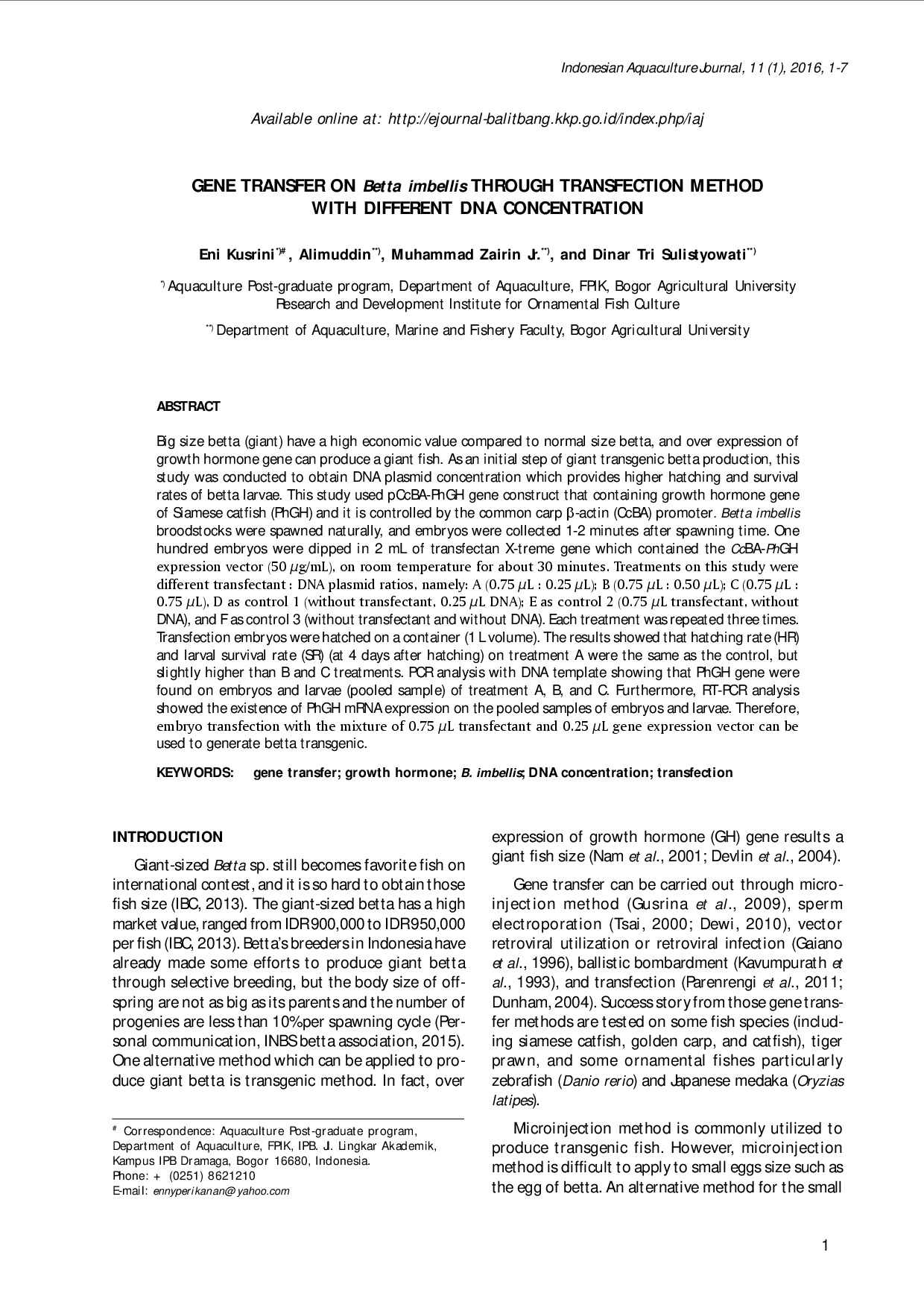 juris GENE TRANSFER ON Betta imbellis THROUGH TRANSFECTION METHOD WITH DIFFERENT DNA CONCENTRATION