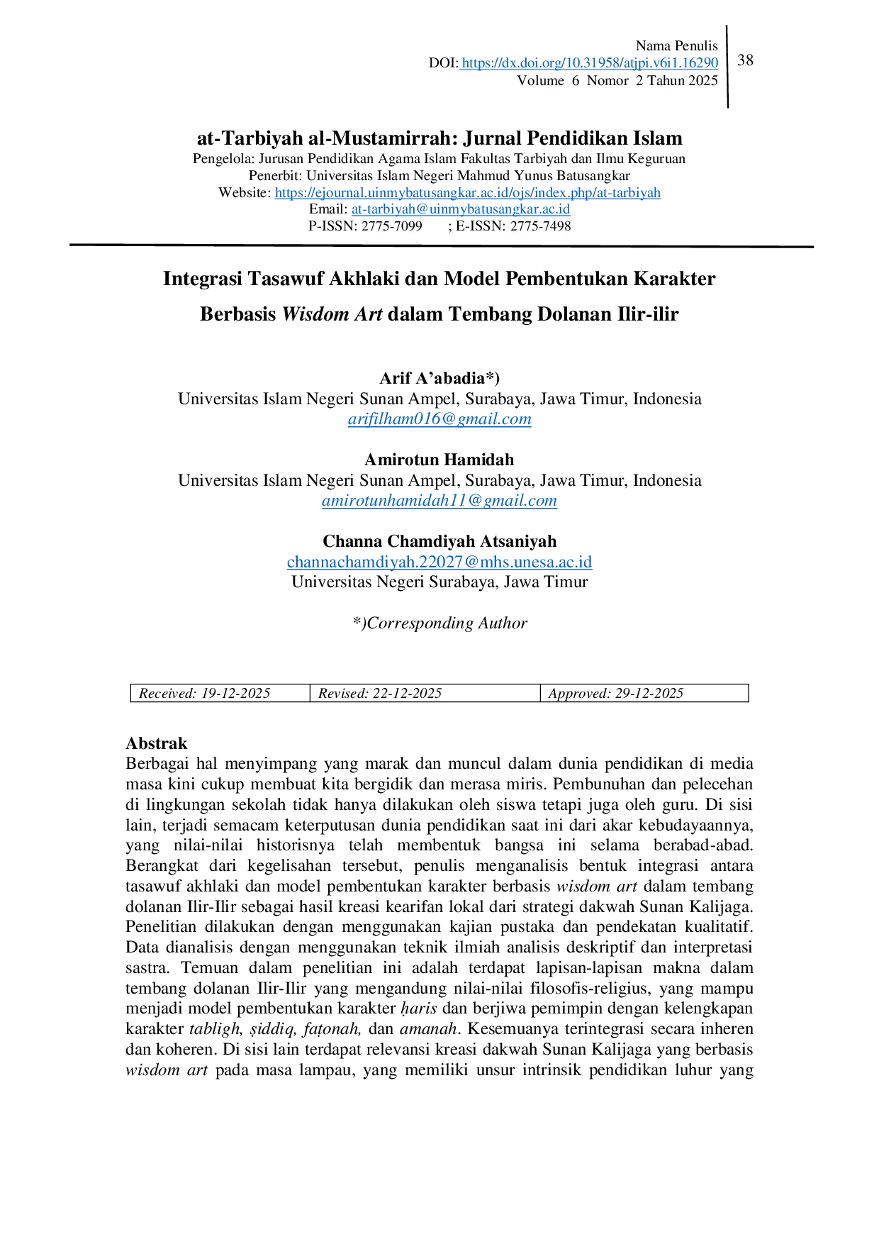 JURIS Integrasi Tasawuf dan Pendidikan Karakter dalam Tembang Dolanan Ilir ilir Karya Sunan Kalijaga