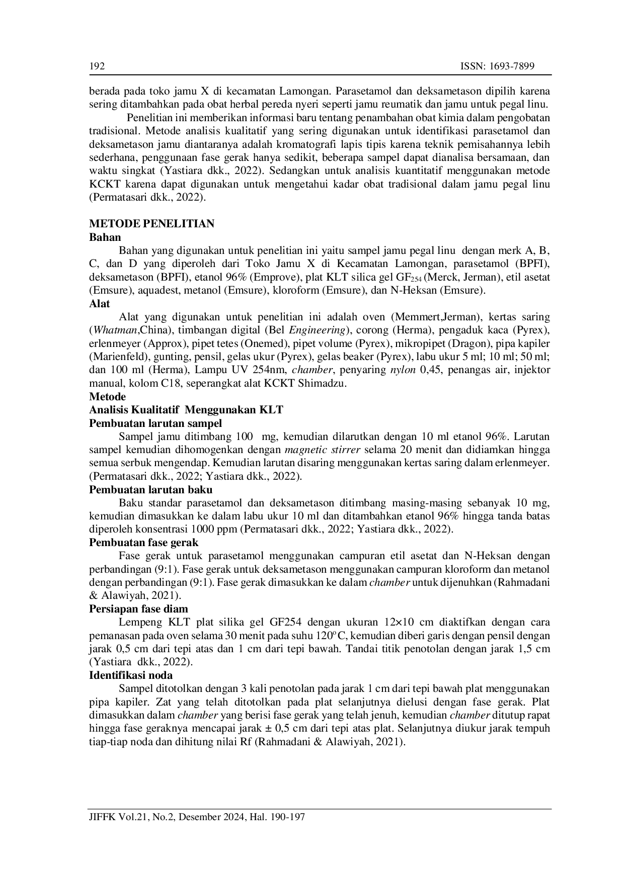 juris Analisis Kandungan Bahan Kimia Obat Parasetamol Dan Deksametason Dalam Jamu Pegal Linu Dari Toko Jamu X Di Kabupaten Lamongan