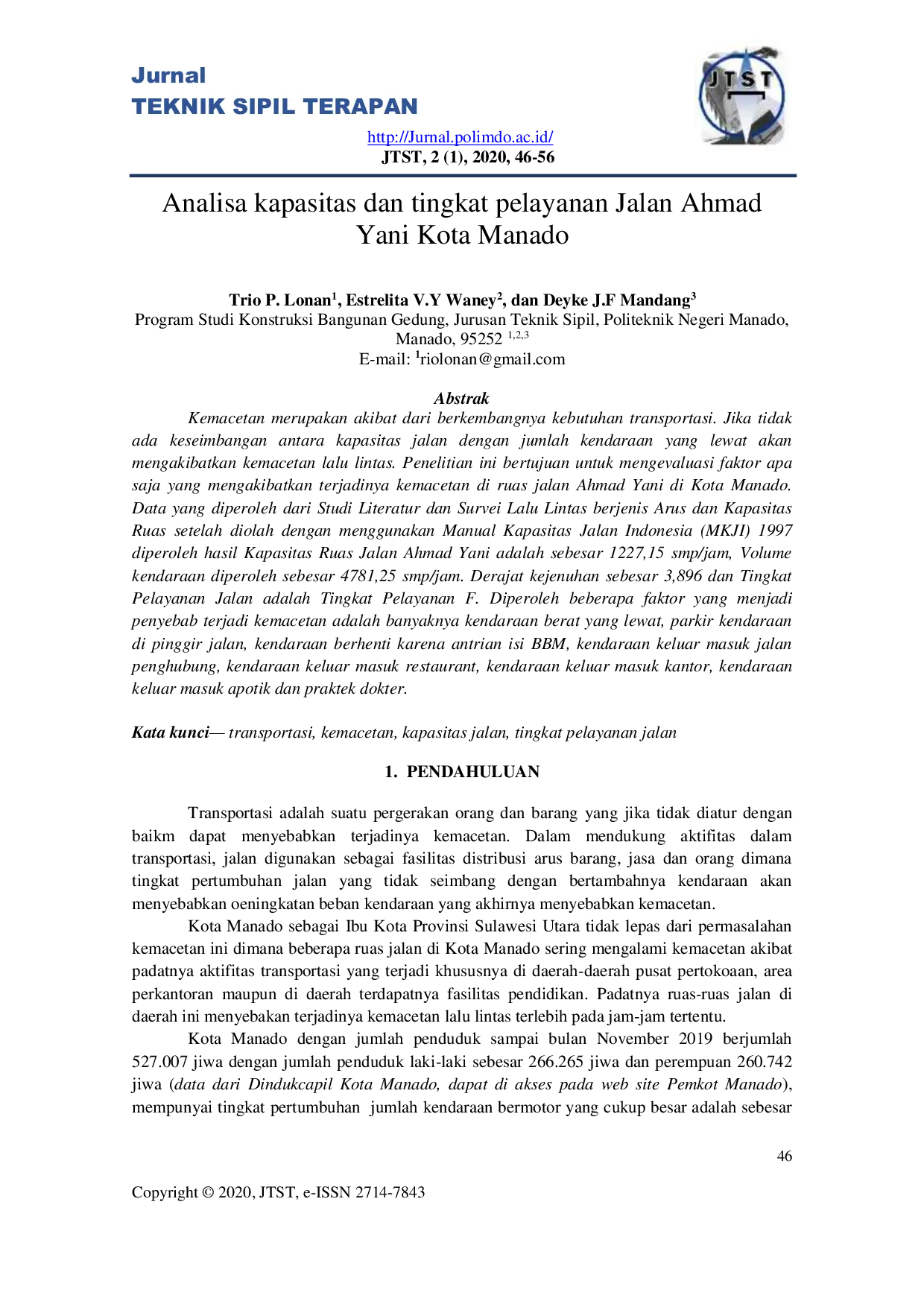 JURIS Analisa kapasitas dan tingkat pelayanan Jalan Ahmad Yani Kota Manado