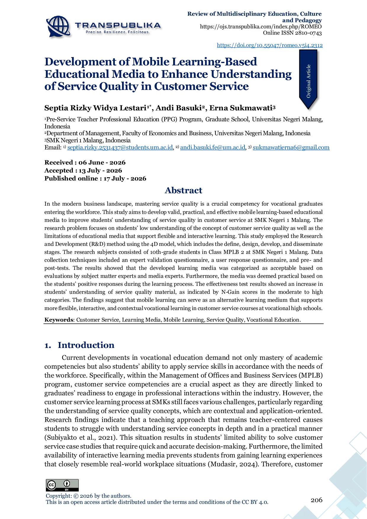 JURIS Development of Mobile Learning Based Educational Media to Enhance Understanding of Service Quality in Customer Service