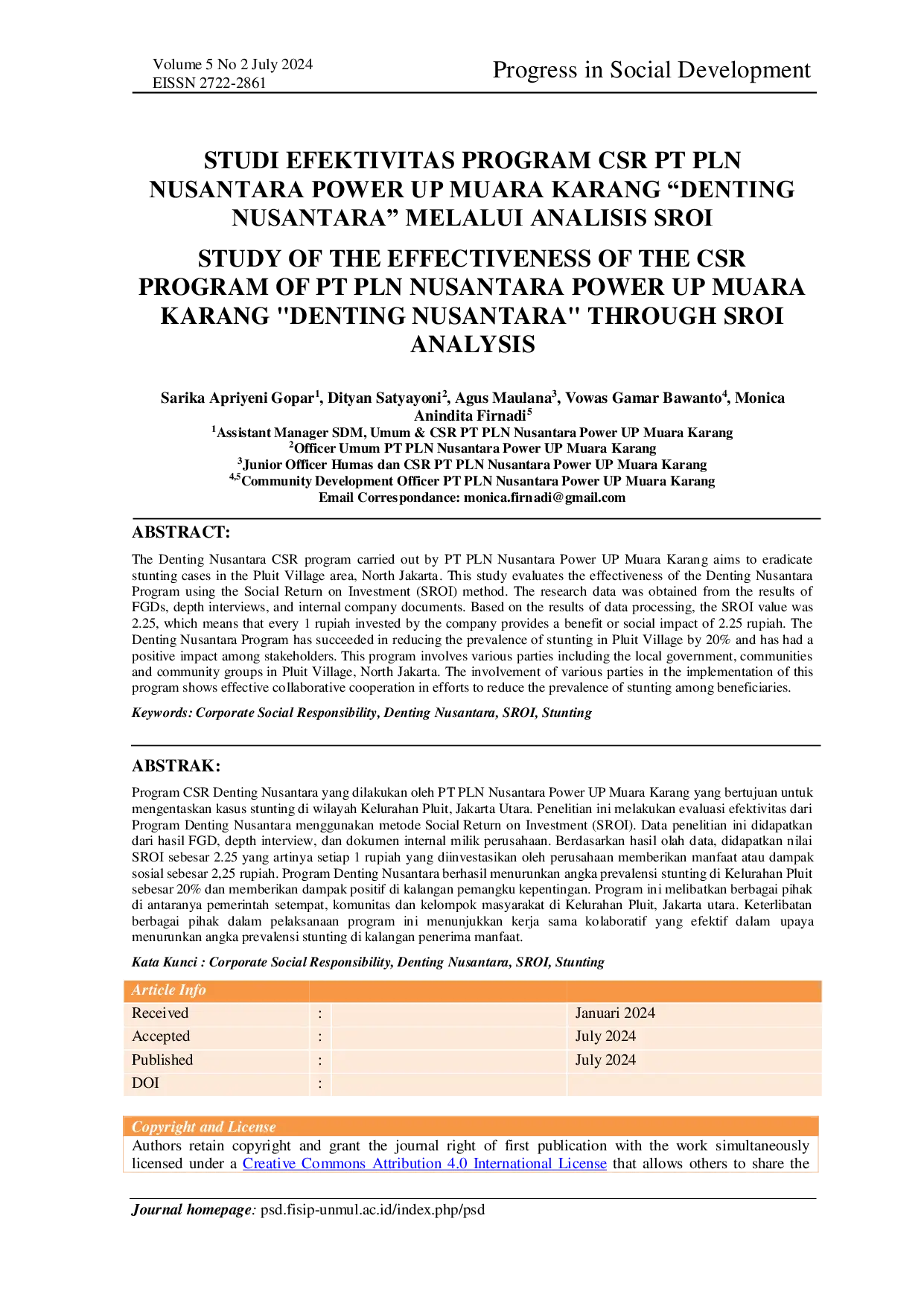 JURIS Studi Efektivitas Program CSR PT PLN Nusantara Power UP Muara Karang Denting Nusantara Melalui Analisis SROI