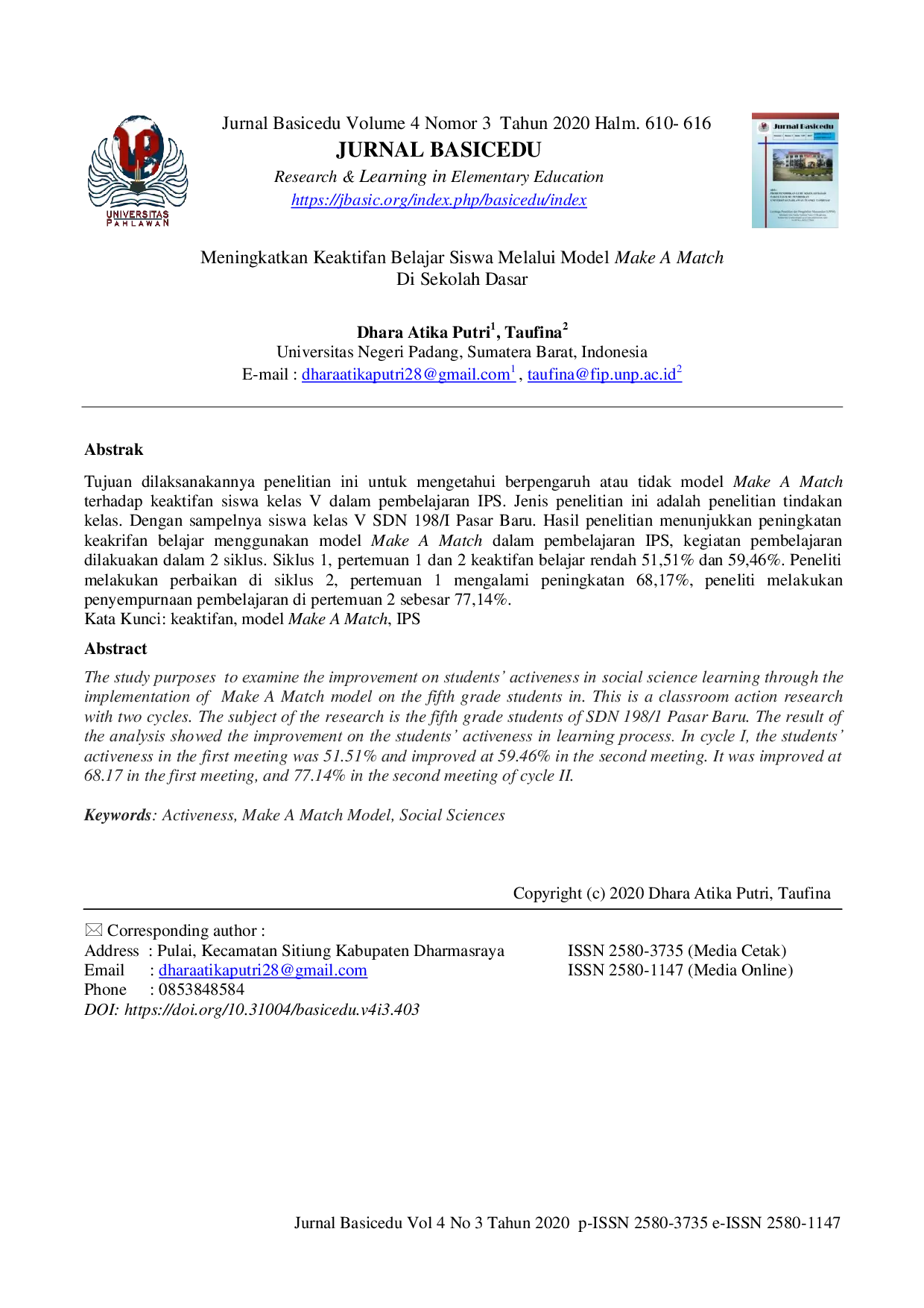 JURIS Meningkatkan Keaktifan Belajar Siswa Melalui Model Make A Match di Sekolah Dasar