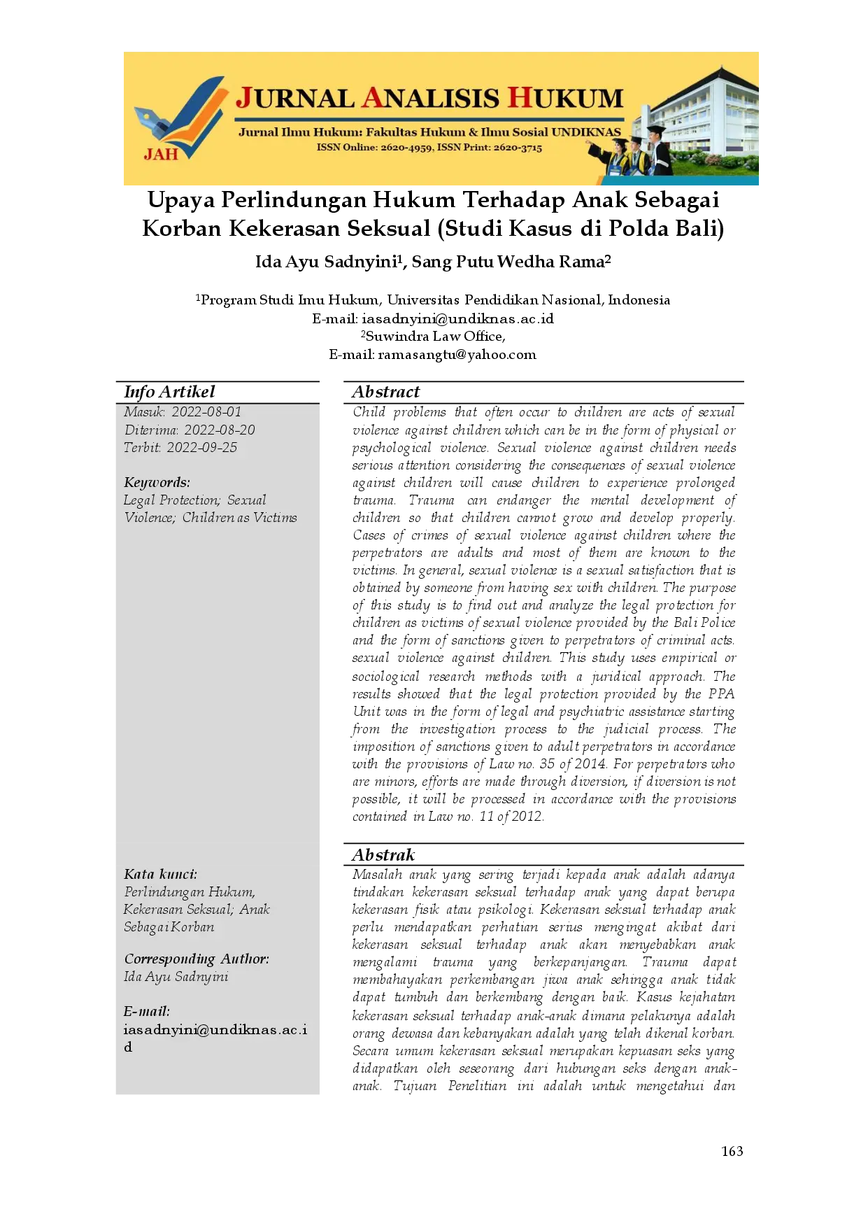 juris Upaya Perlindungan Hukum Terhadap Anak Sebagai Korban Kekerasan Seksual Studi Kasus di Polda Bali