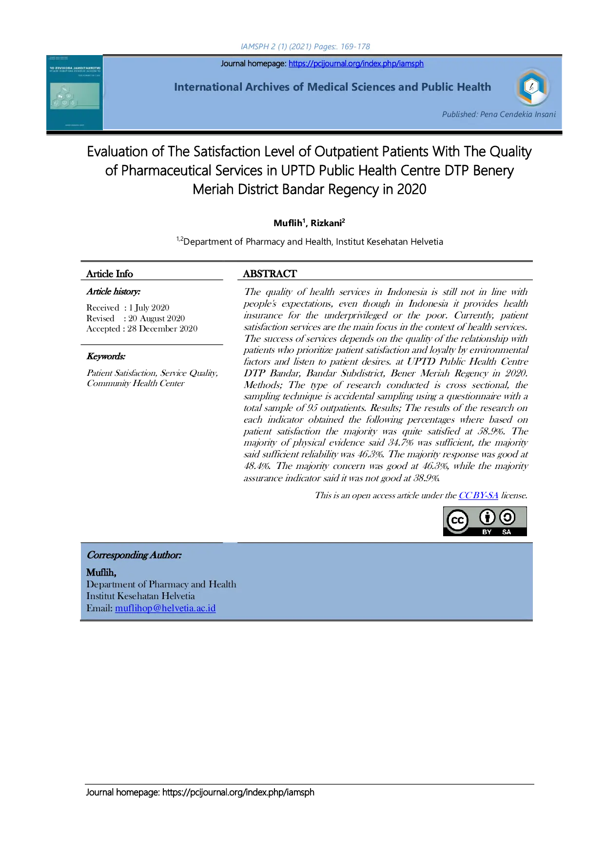 JURIS Evaluation of The Satisfaction Level of Outpatient Patients With The Quality of Pharmaceutical Services in UPTD Public Health Centre DTP Benery Meriah District Bandar Regency in 2020
