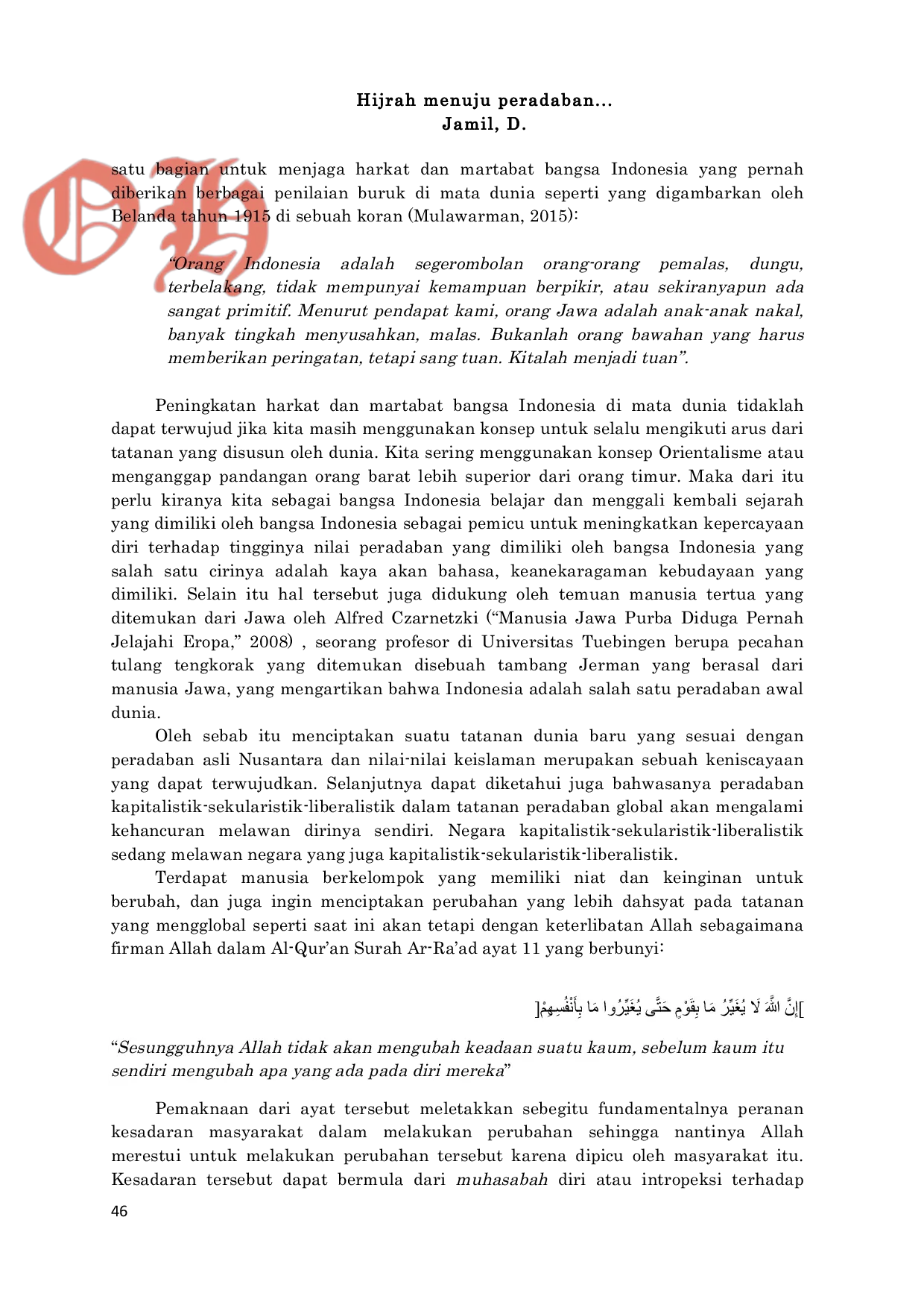 JURIS Hijrah menuju peradaban yang religius danberkebangsaan melalui kesadaran pengetahuan dan aksiberketauhidan