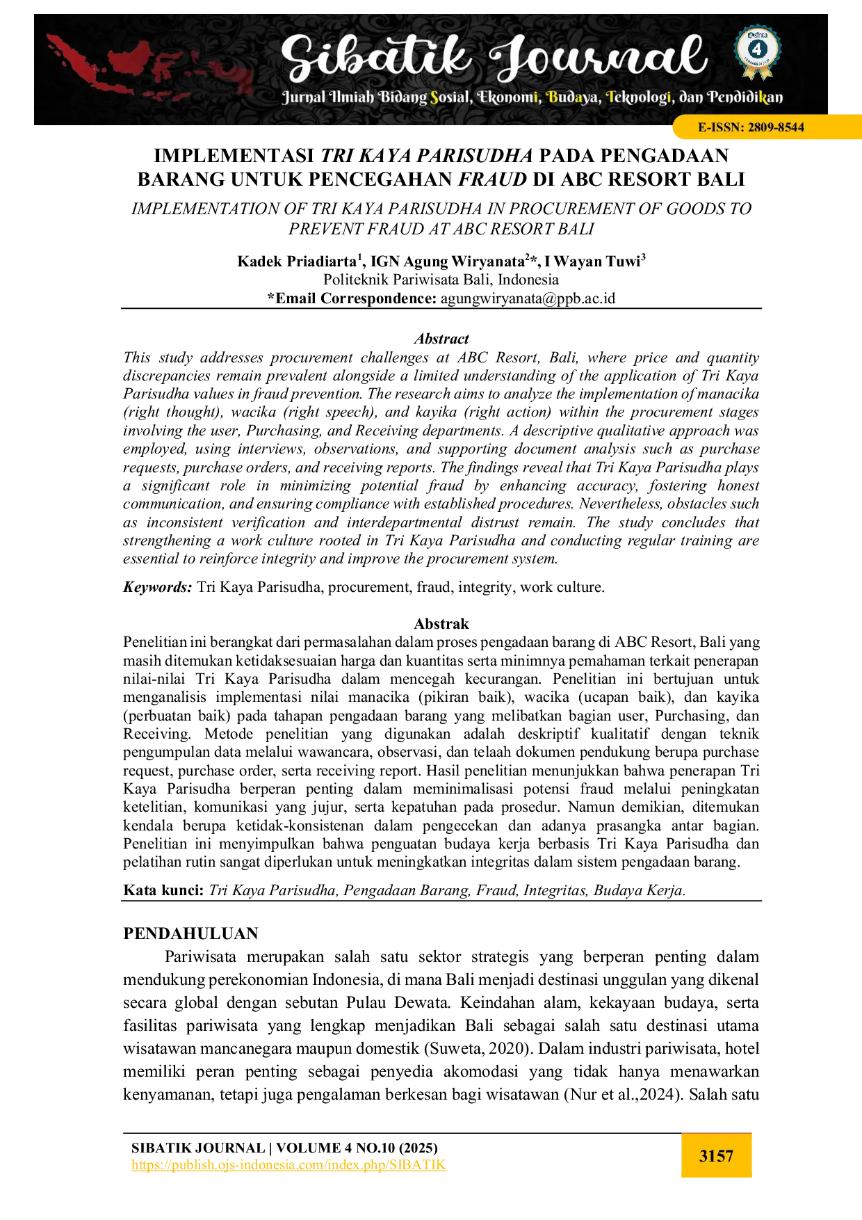 JURIS Implementasi Tri Kaya Parisudha Pada Pengadaan Barang Untuk Pencegahan Fraud Di ABC Resort Bali
