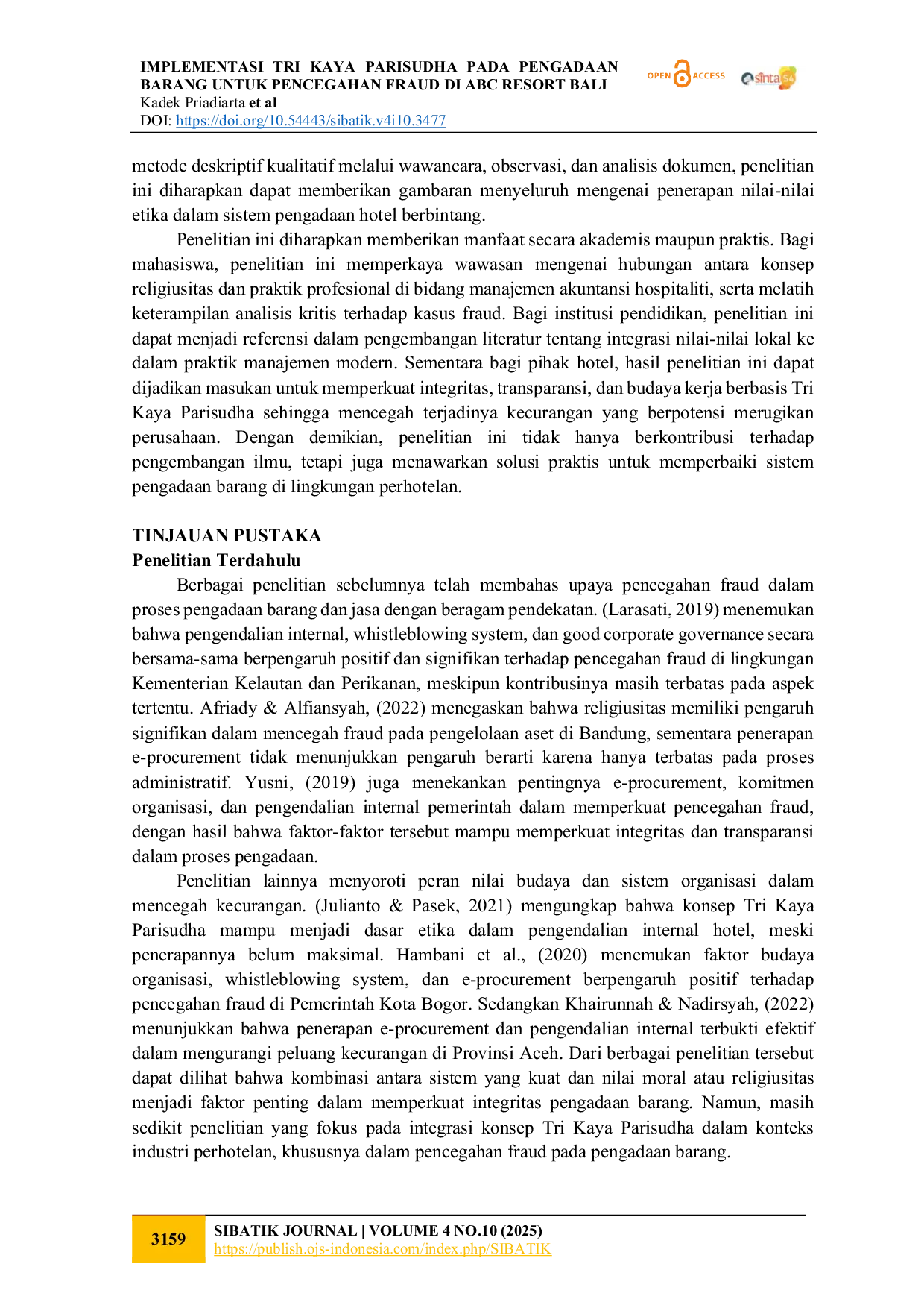 JURIS Implementasi Tri Kaya Parisudha Pada Pengadaan Barang Untuk Pencegahan Fraud Di ABC Resort Bali