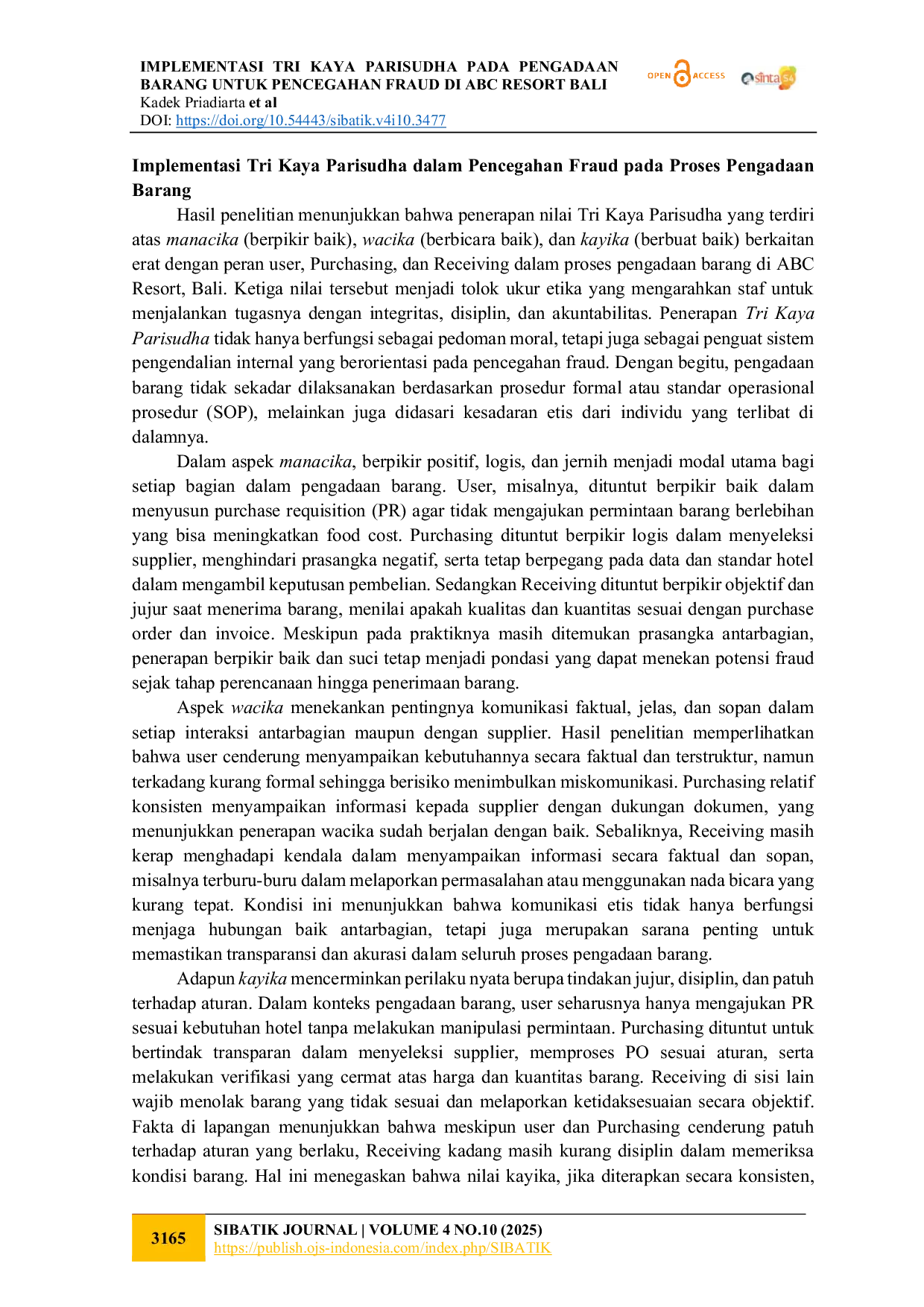 JURIS Implementasi Tri Kaya Parisudha Pada Pengadaan Barang Untuk Pencegahan Fraud Di ABC Resort Bali