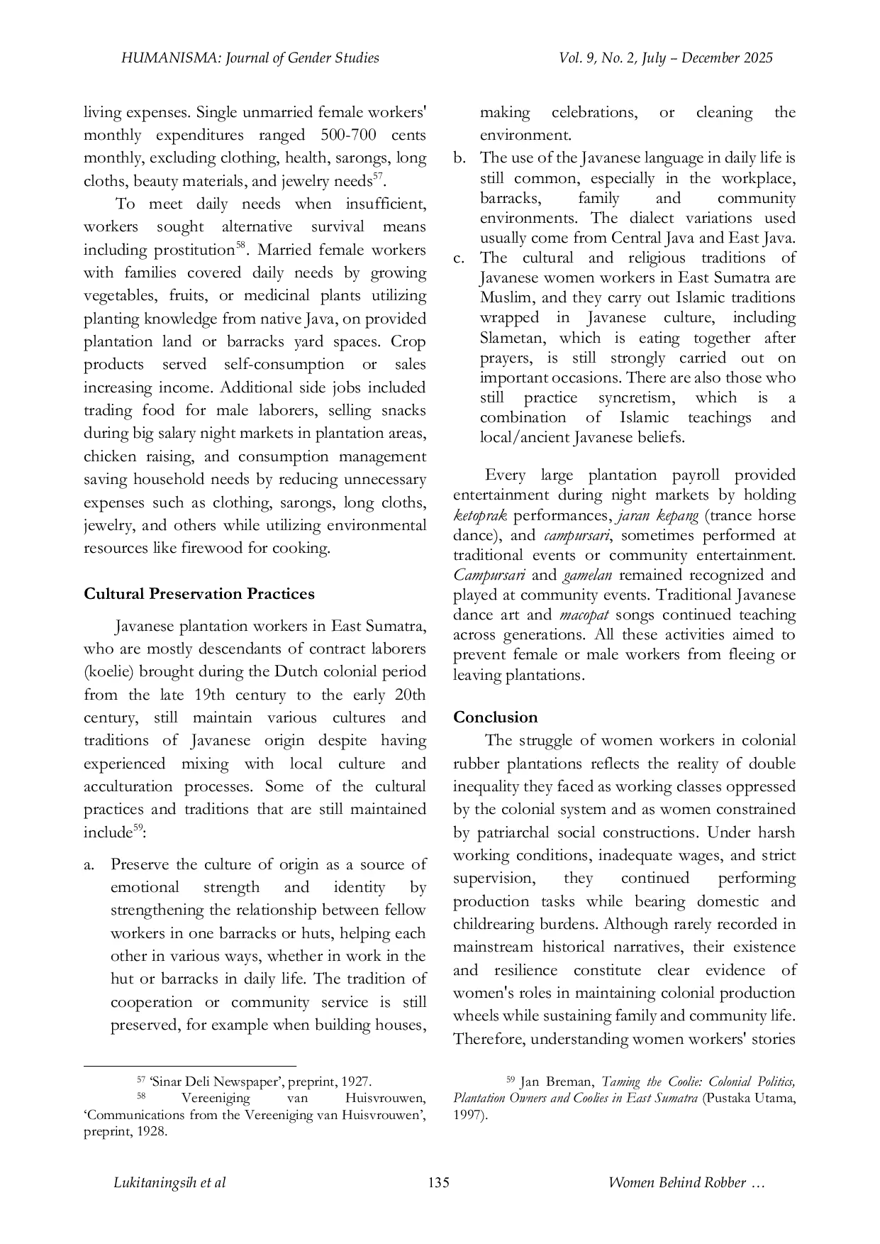 JURIS Women Behind Rubber Sap Gender Struggle in Plantations East Sumatra during the Colonial Period