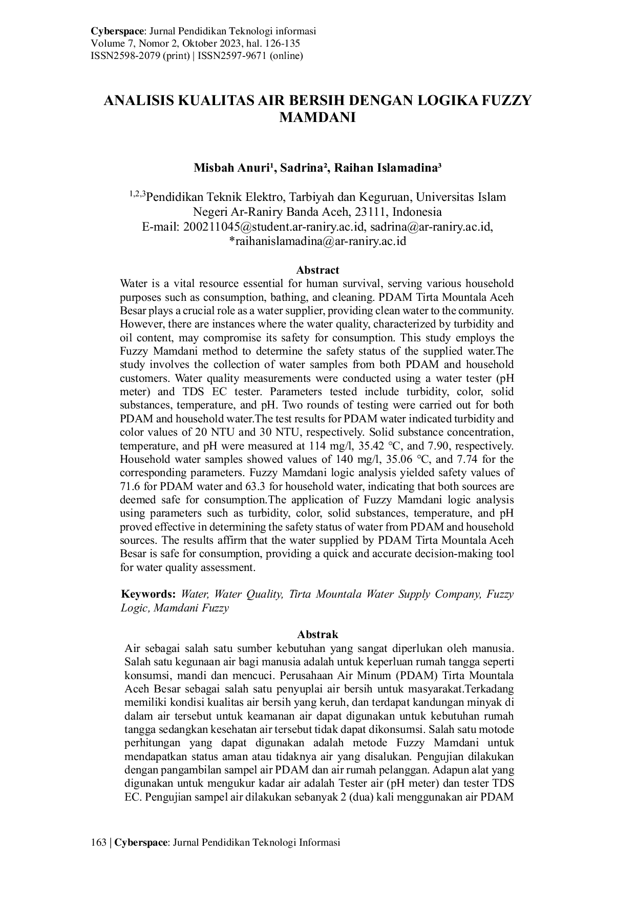 JURIS Analisis Kualitas Air Bersih dengan Logika Fuzzy Mamdani