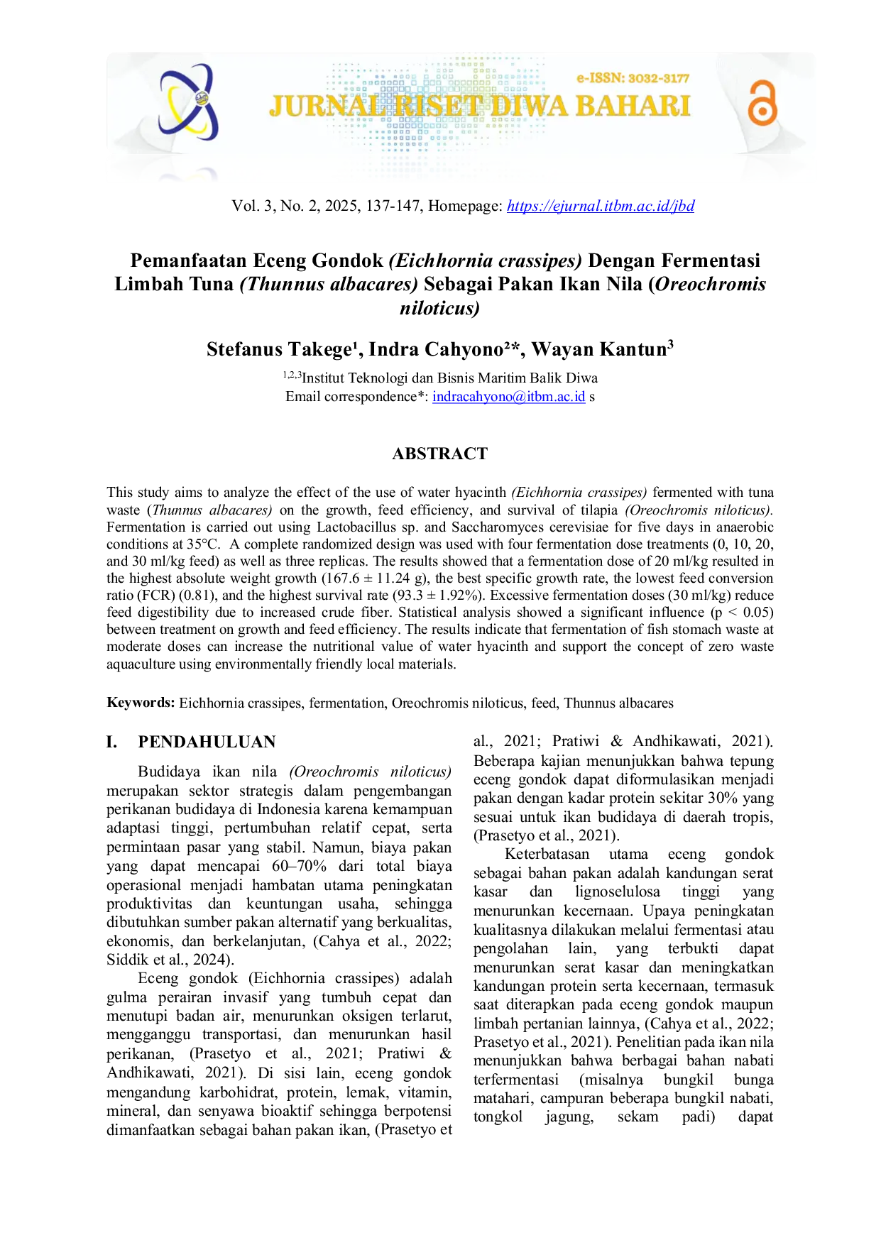 JURIS Pemanfaatan Eceng Gondok Eichhornia crassipes Dengan Fermentasi Limbah Tuna Thunnus albacares Sebagai Pakan Ikan Nila Oreochromis niloticus