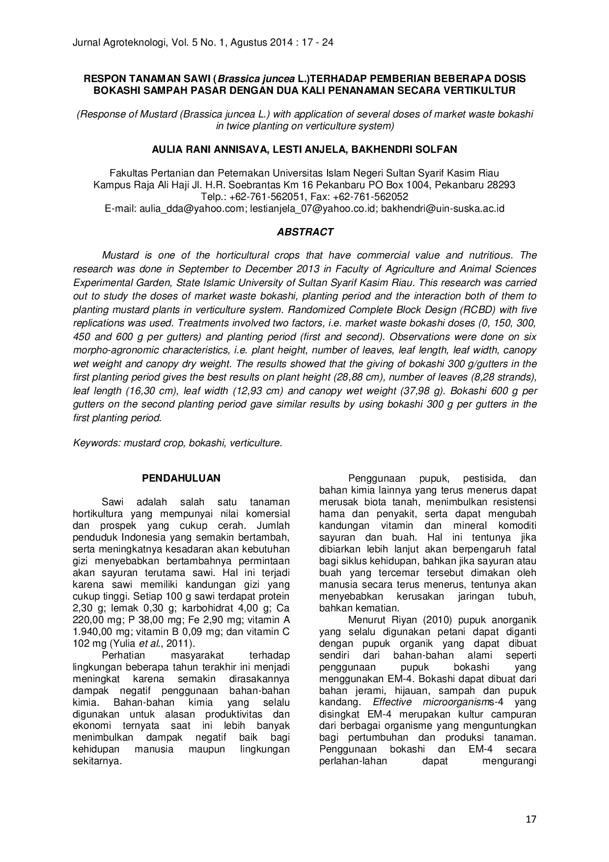 JURIS RESPON TANAMAN SAWI Brassica juncea L TERHADAP PEMBERIAN BEBERAPA DOSIS BOKASHI SAMPAH PASAR DENGAN DUA KALI PENANAMAN SECARA VERTIKULTUR