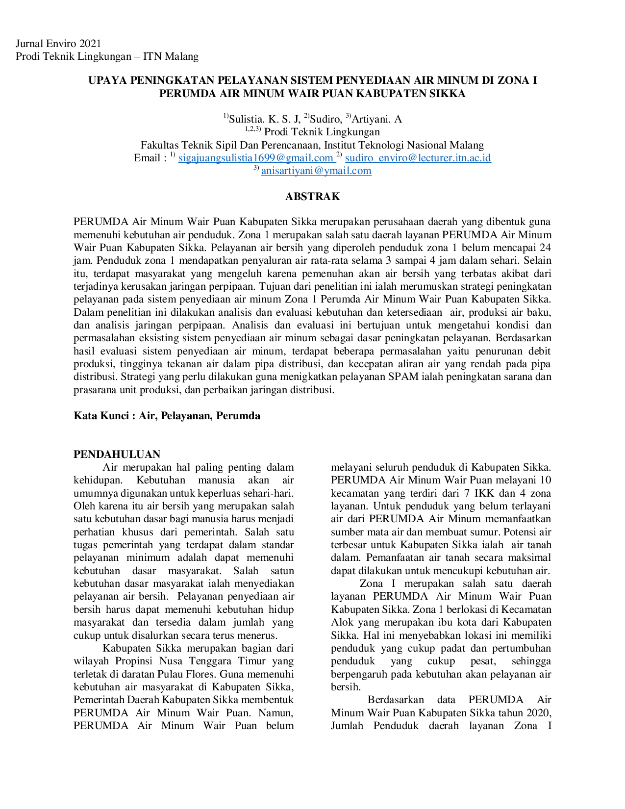 JURIS Upaya Peningkatan Pelayanan Sistem Penyediaan Air Minum di Zona I Perumda Air Minum Wair Puan Kabupaten Sikka