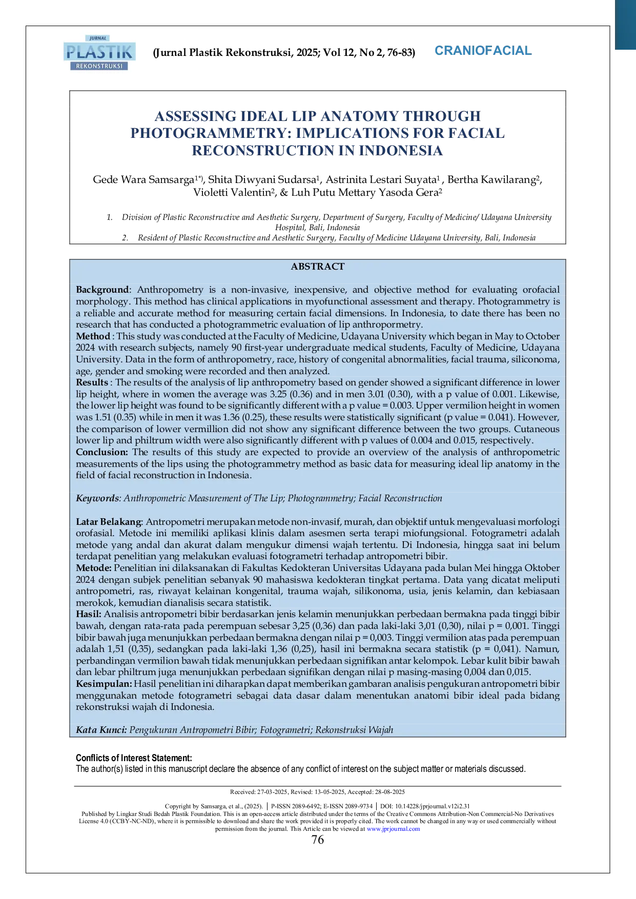 JURIS Assessing Ideal Lip Anatomy Through Photogrammetry Implications For Facial Reconstruction In Indonesia