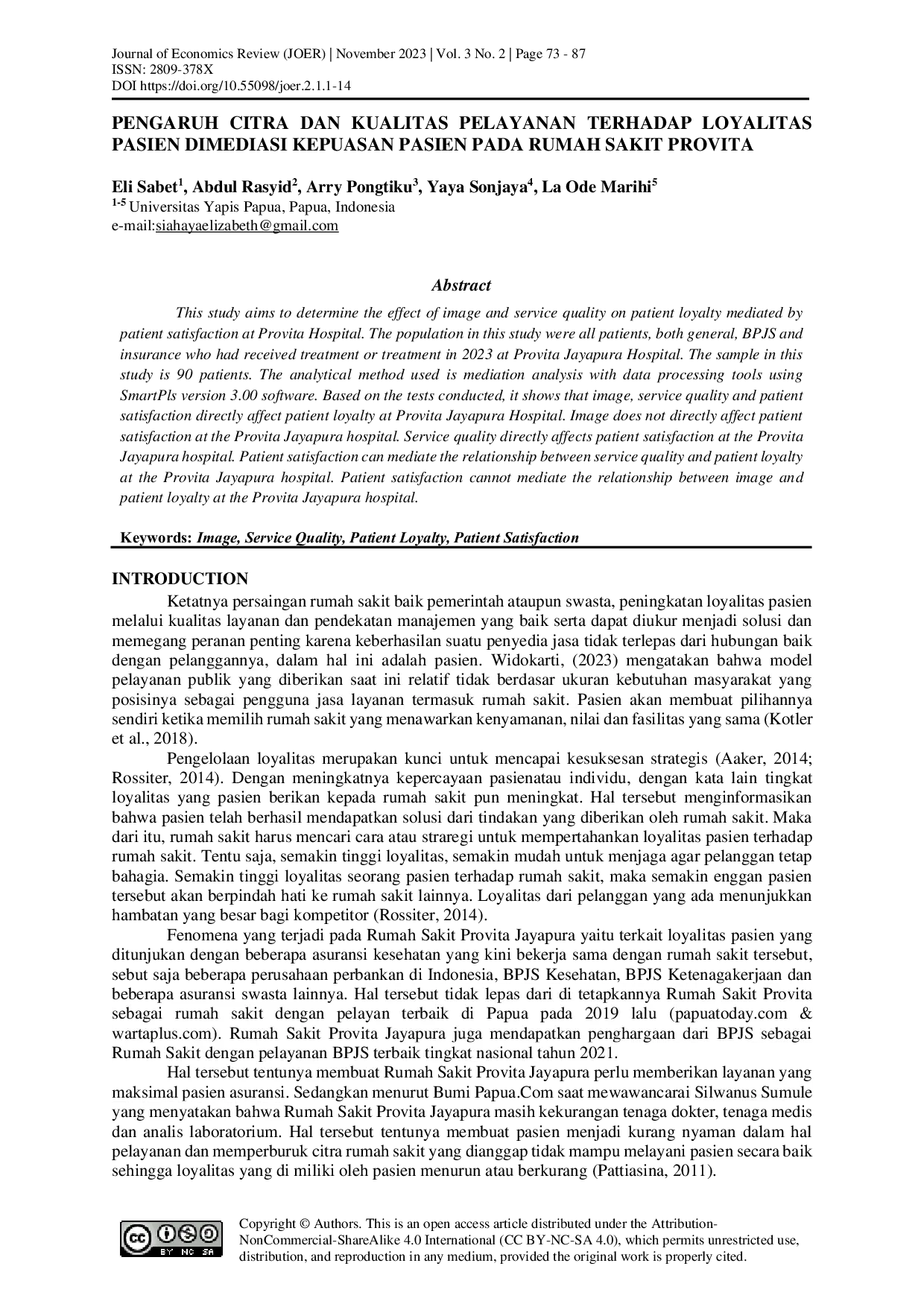 JURIS Pengaruh Citra Dan Kualitas Pelayanan Terhadap Loyalitas Pasien Dimediasi Kepuasan Pasien Pada Rumah Sakit Provita