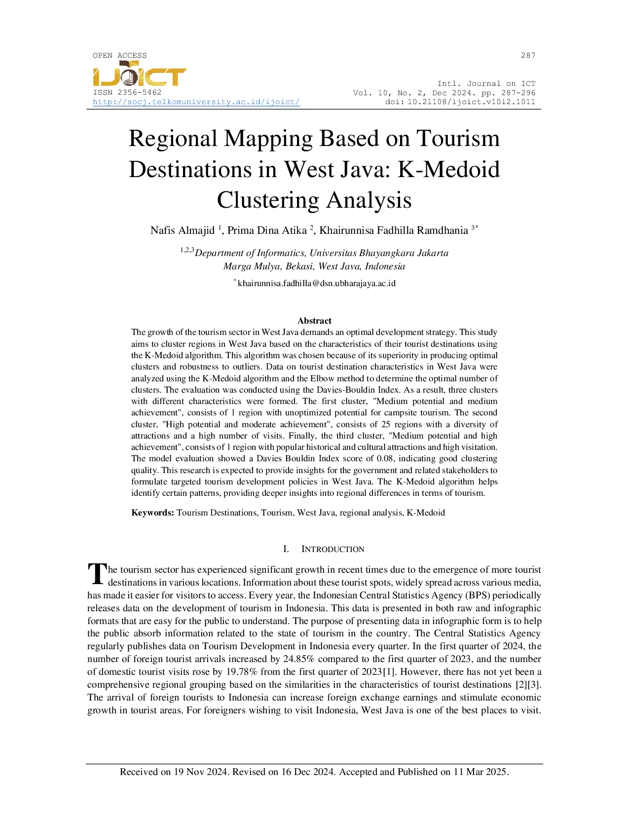 JURIS Regional Mapping Based on Tourism Destinations in West Java K Medoid Clustering Analysis