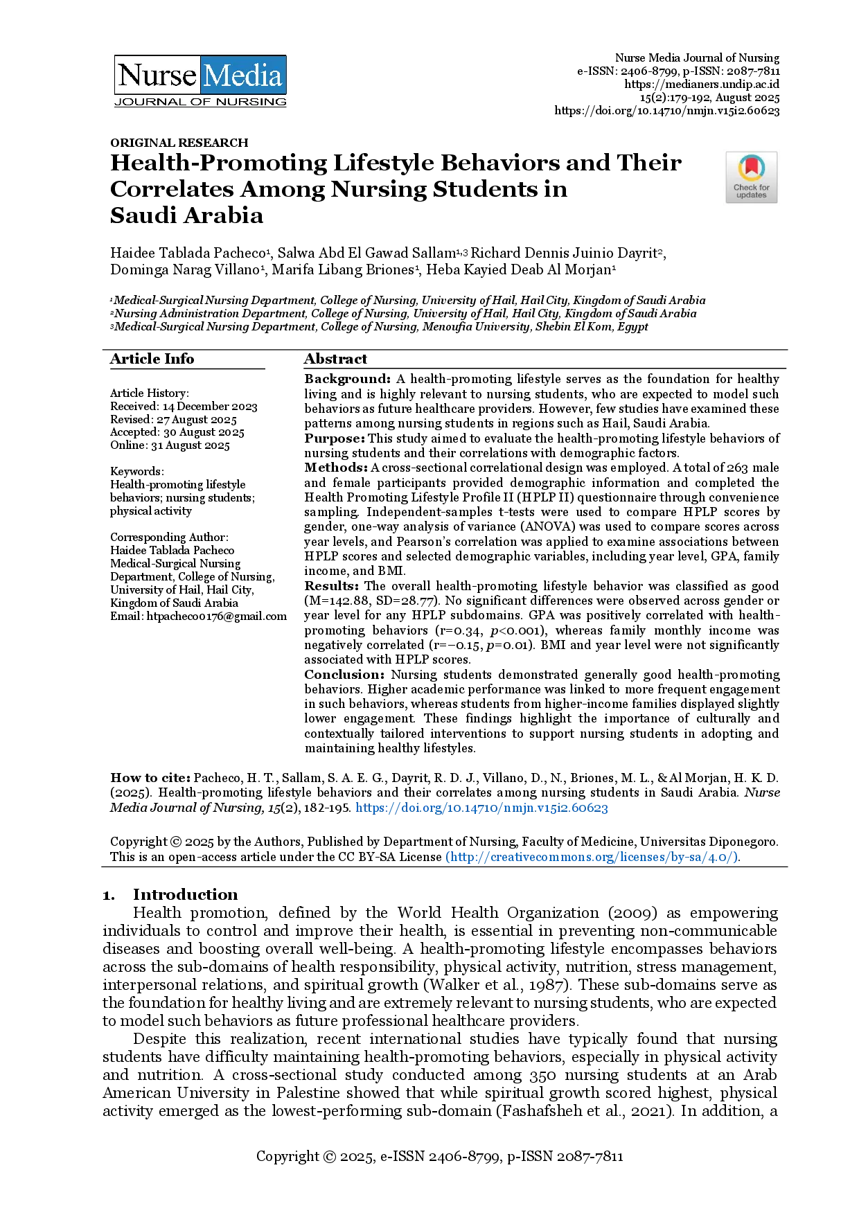 juris Health Promoting Lifestyle Behaviors and Their Correlates Among Nursing Students in Saudi Arabia