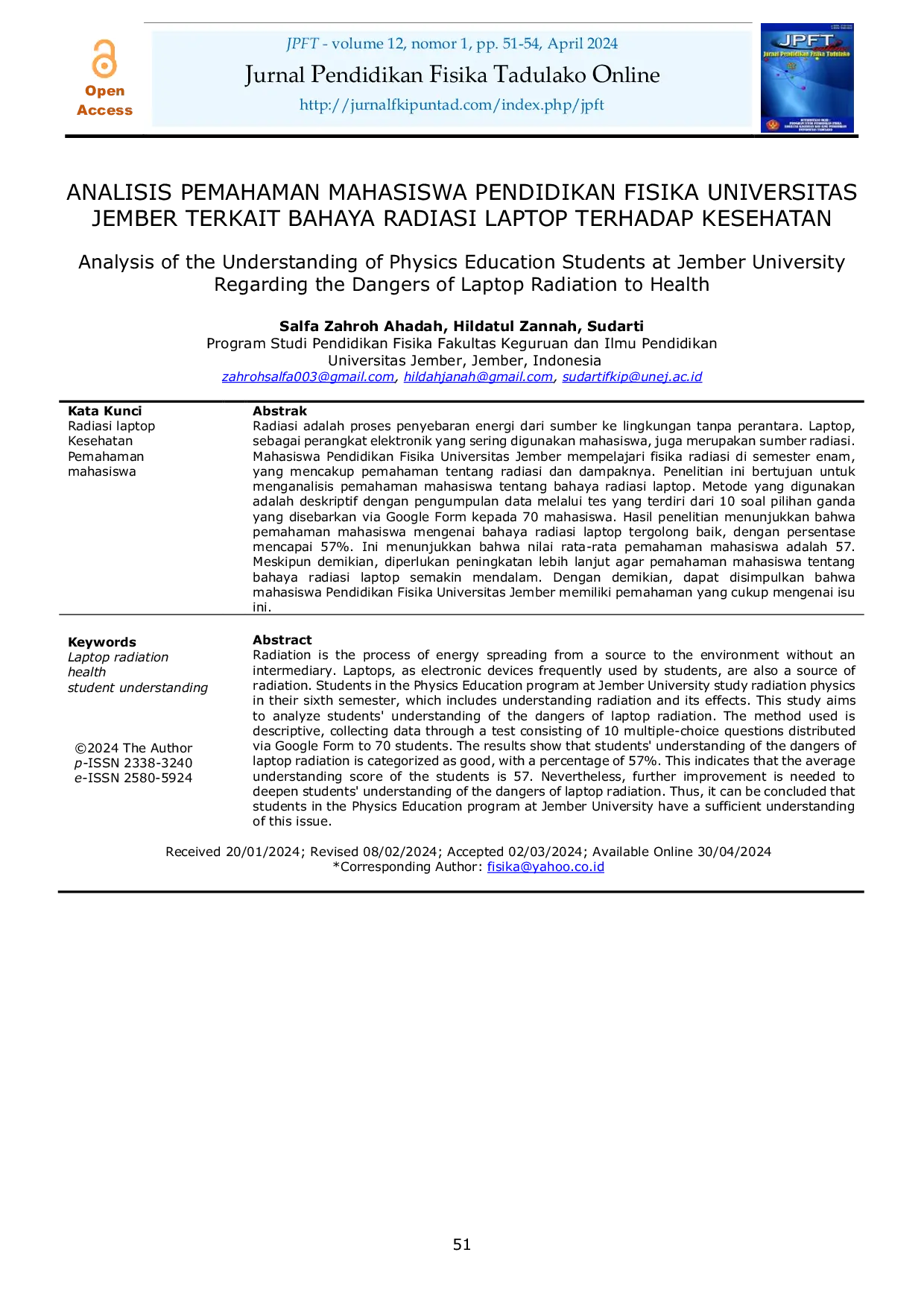 JURIS Analisis Pemahaman Mahasiswa Pendidikan Fisika Universitas Jember Terkait Bahaya Radiasi Laptop Terhadap Kesehatan