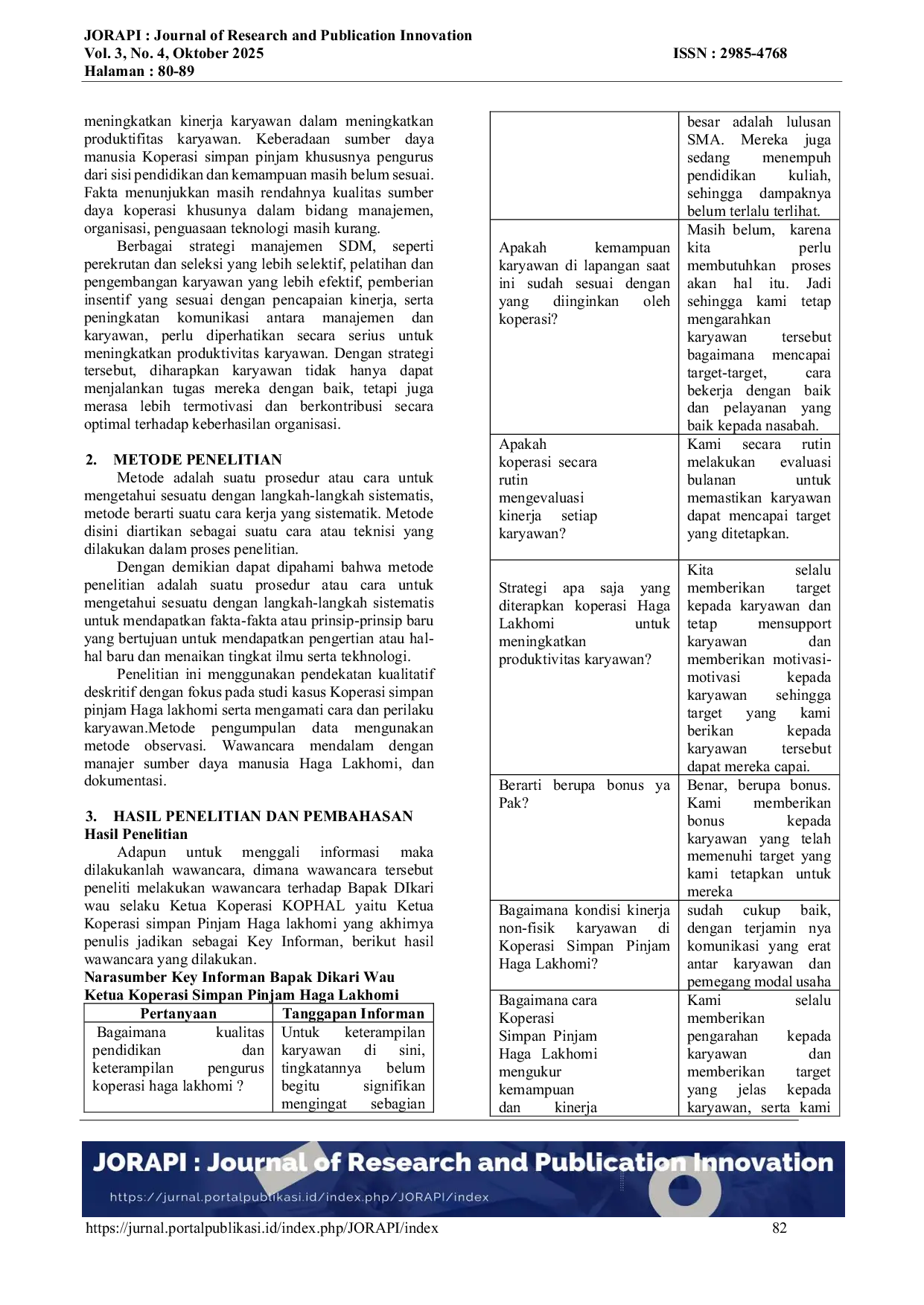 JURIS Strategi Manajemen Sumber Daya Manusia dalam Meningkatkan Produktivitas Kinerja Karyawan pada Koperasi Simpan Pinjam Haga Lakhomi Sawangan Depok