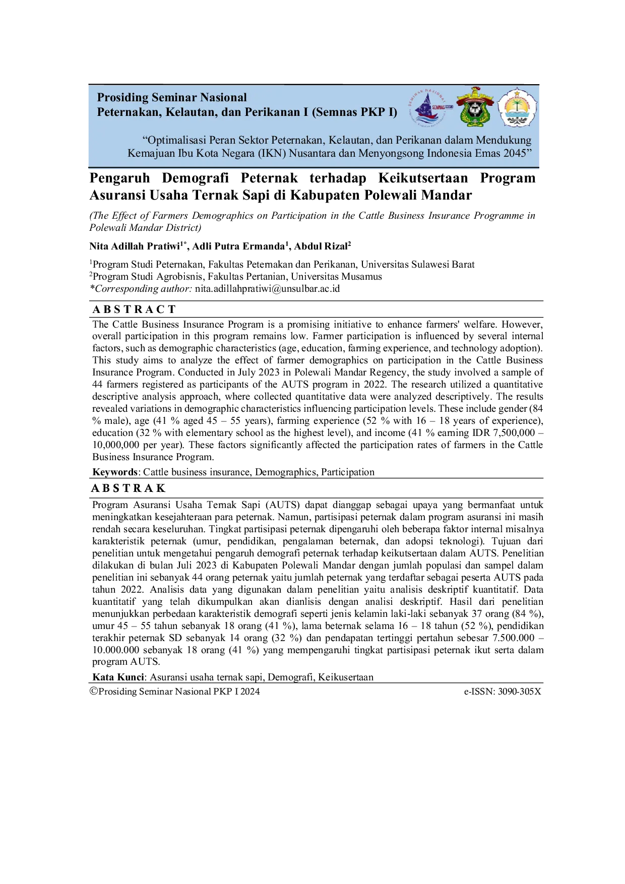 JURIS Pengaruh Demografi Peternak terhadap Keikutsertaan Program Asuransi Usaha Ternak Sapi di Kabupaten Polewali Mandar