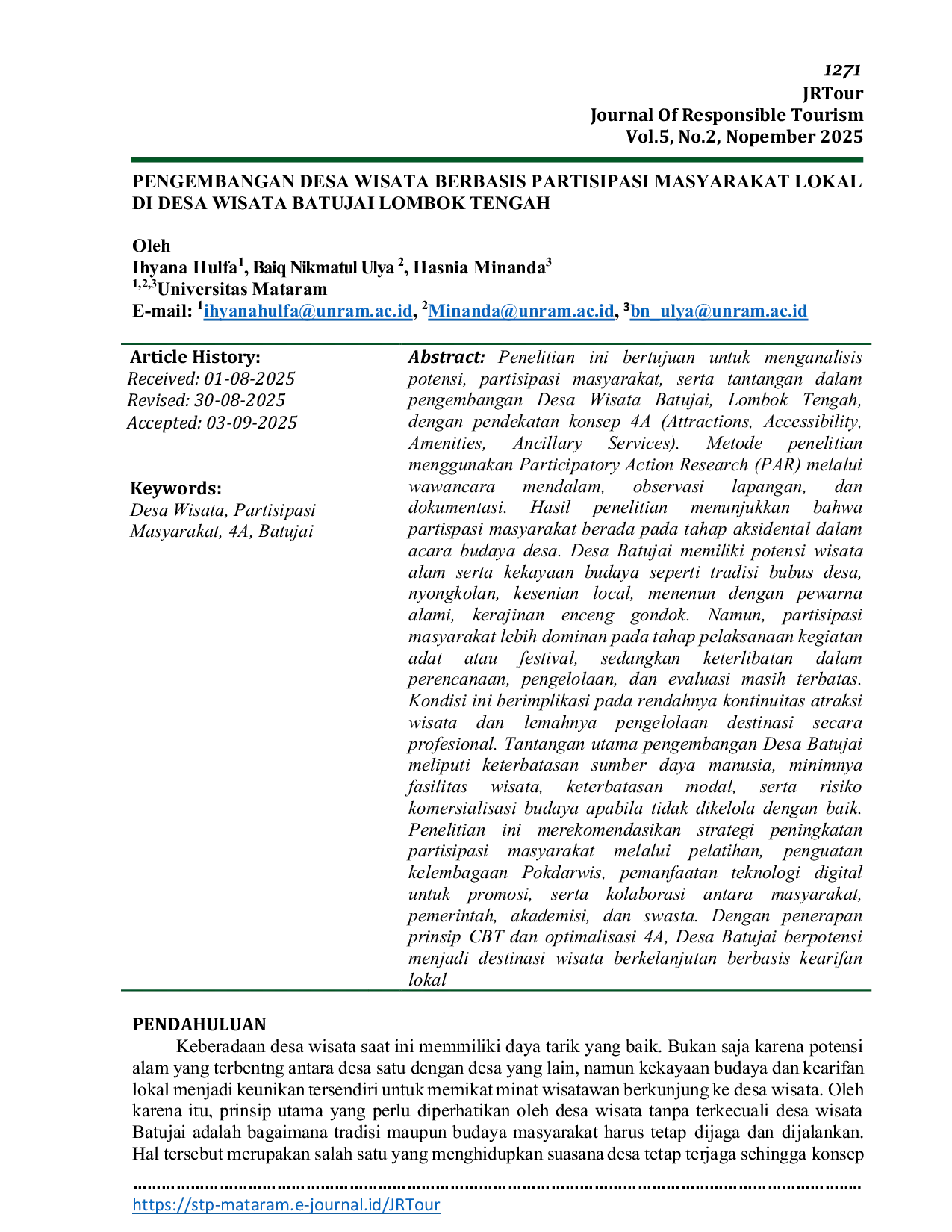 JURIS Pengembangan Desa Wisata Berbasis Partisipasi Masyarakat Lokal Di Desa Wisata Batujai Lombok Tengah