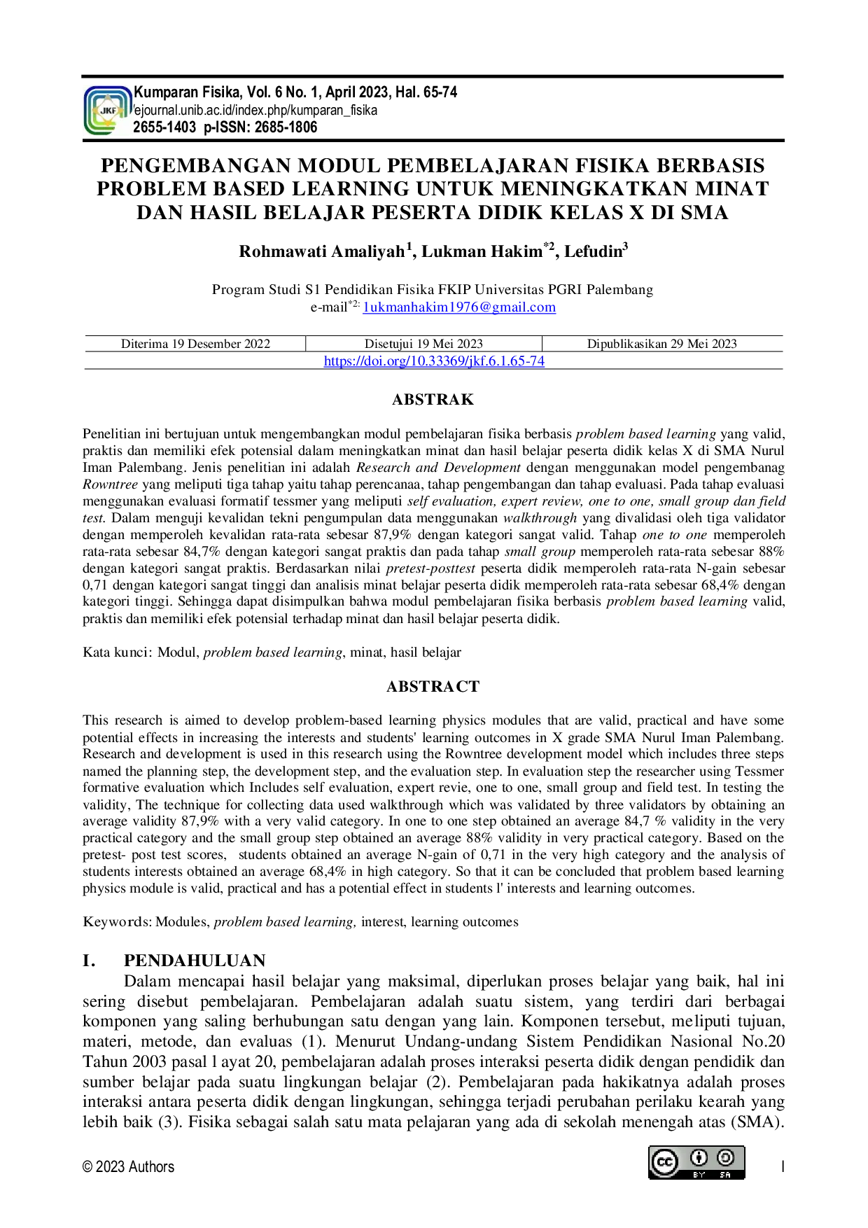 JURIS Pengembangan Modul Pembelajaran Fisika Berbasis Problem Based Learning Untuk Meningkatkan Minat Dan Hasil Belajar Peserta Didik Kelas X Di SMA