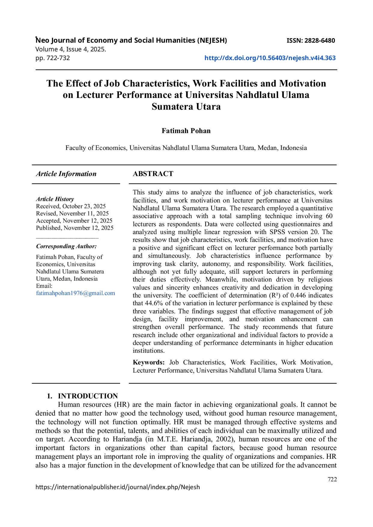 JURIS The Effect of Job Characteristics Work Facilities and Motivation on Lecturer Performance at Universitas Nahdlatul Ulama Sumatera Utara