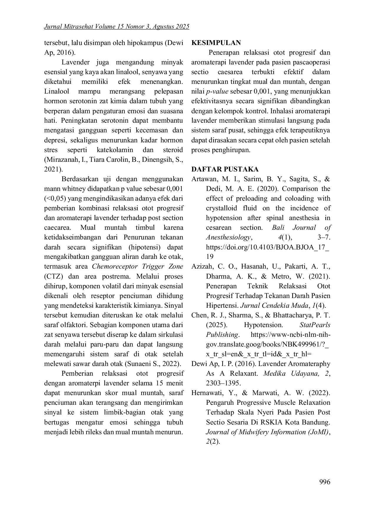 JURIS Kombinasi Relaksasi Otot Progresif dan Aromaterapi Lavender untuk Mengatasi Mual Muntah Post Sectio Caecarea