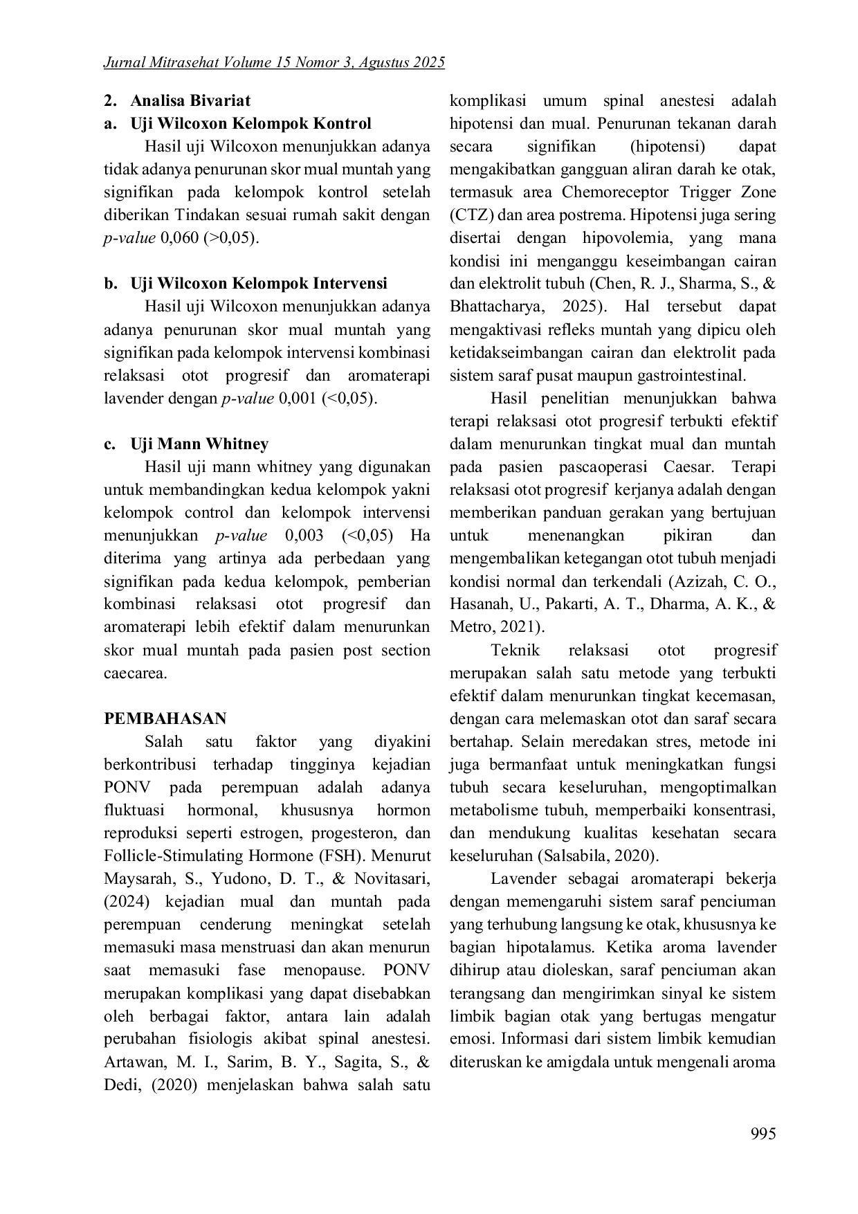 JURIS Kombinasi Relaksasi Otot Progresif dan Aromaterapi Lavender untuk Mengatasi Mual Muntah Post Sectio Caecarea