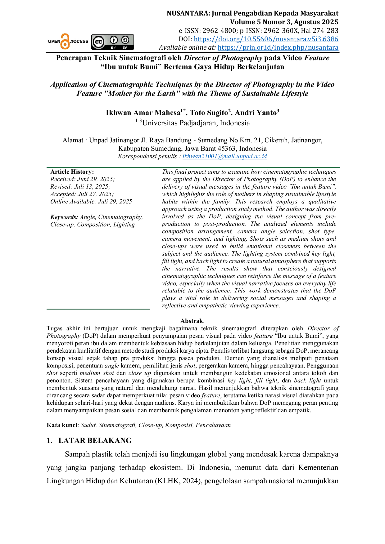 JURIS Penerapan Teknik Sinematografi oleh Director of Photography pada Video Feature Ibu untuk Bumi Bertema Gaya Hidup Berkelanjutan
