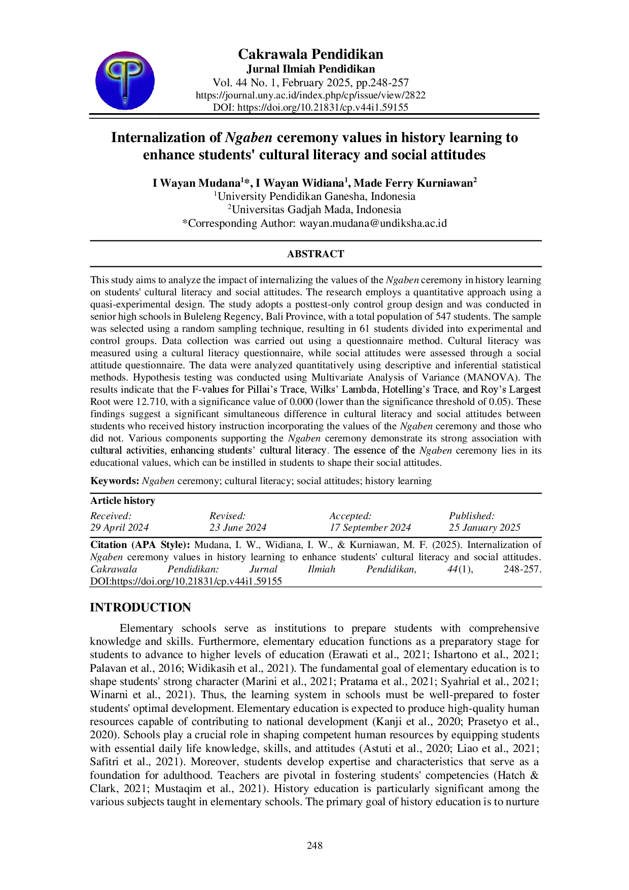 juris Internalization of Ngaben ceremony values in history learning to enhance students cultural literacy and social attitudes