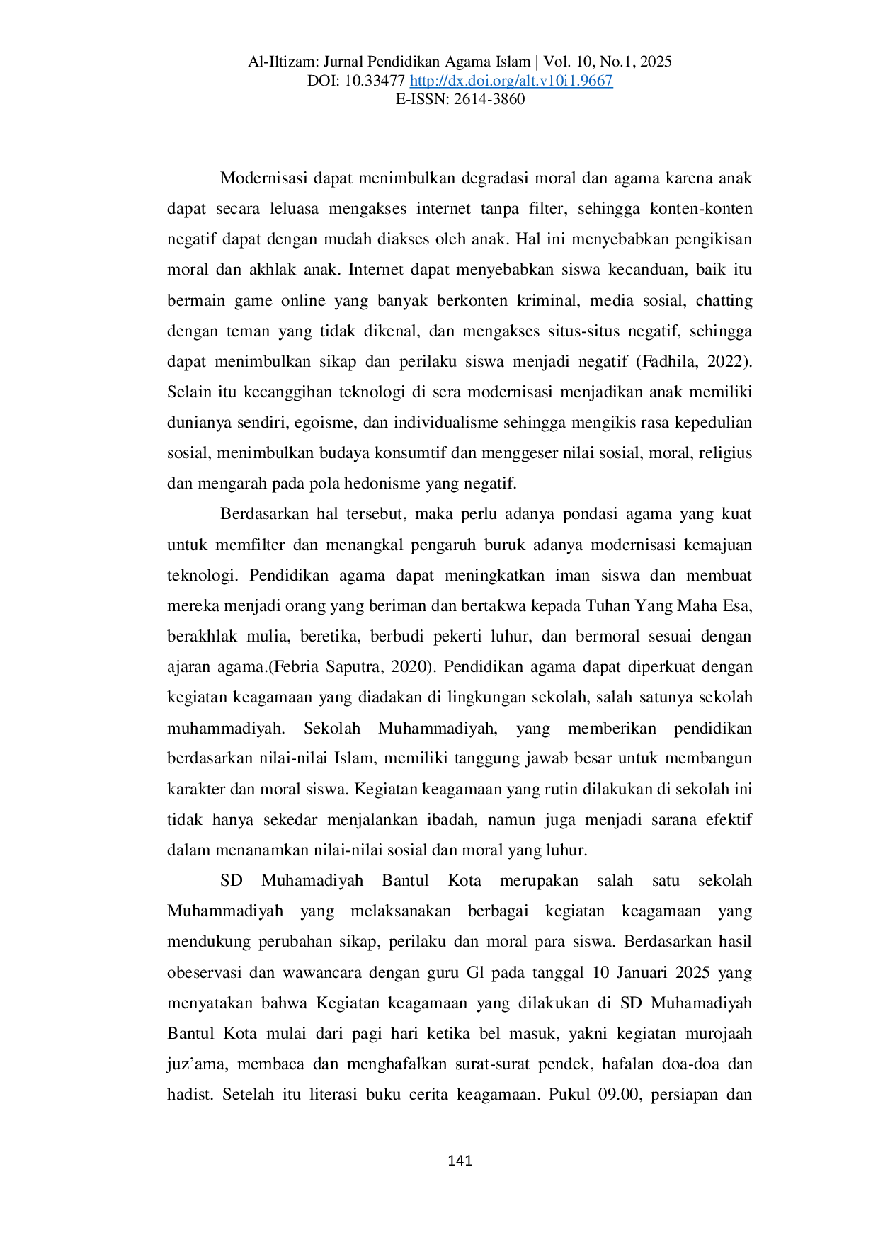 JURIS Strengthening Social Moral and Religious Character Values in Congregational Prayer Activities at Muhammadiyah Elementary School Bantul City