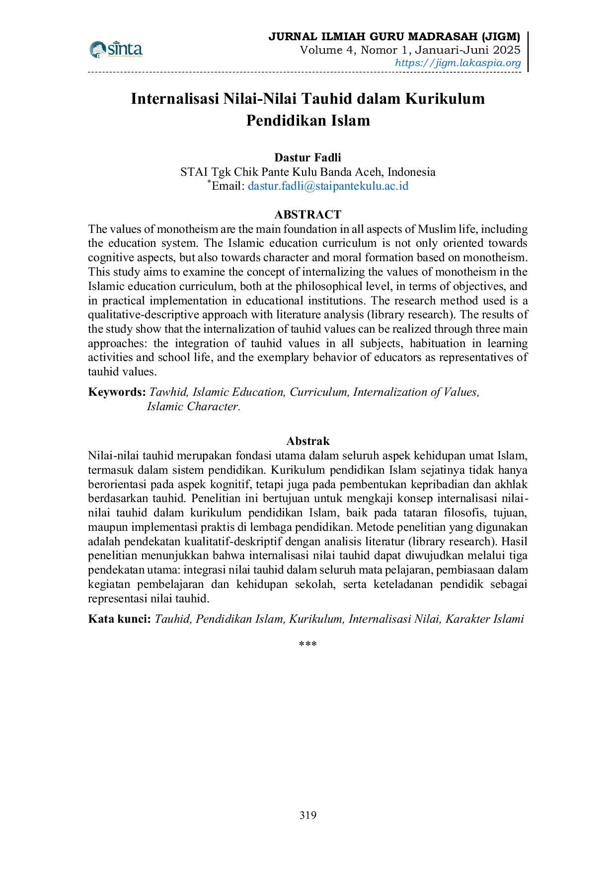 JURIS Internalisasi Nilai Nilai Tauhid dalam Kurikulum Pendidikan Islam