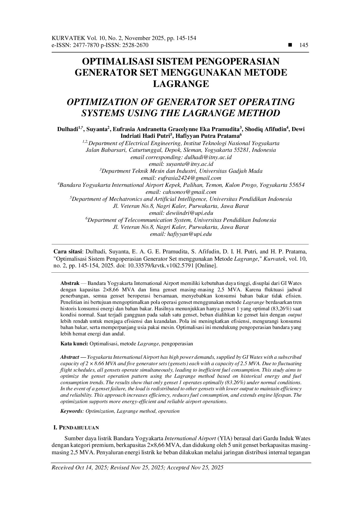 JURIS Optimalisasi Sistem Pengoperasian Generator Set Menggunakan Metode Lagrange
