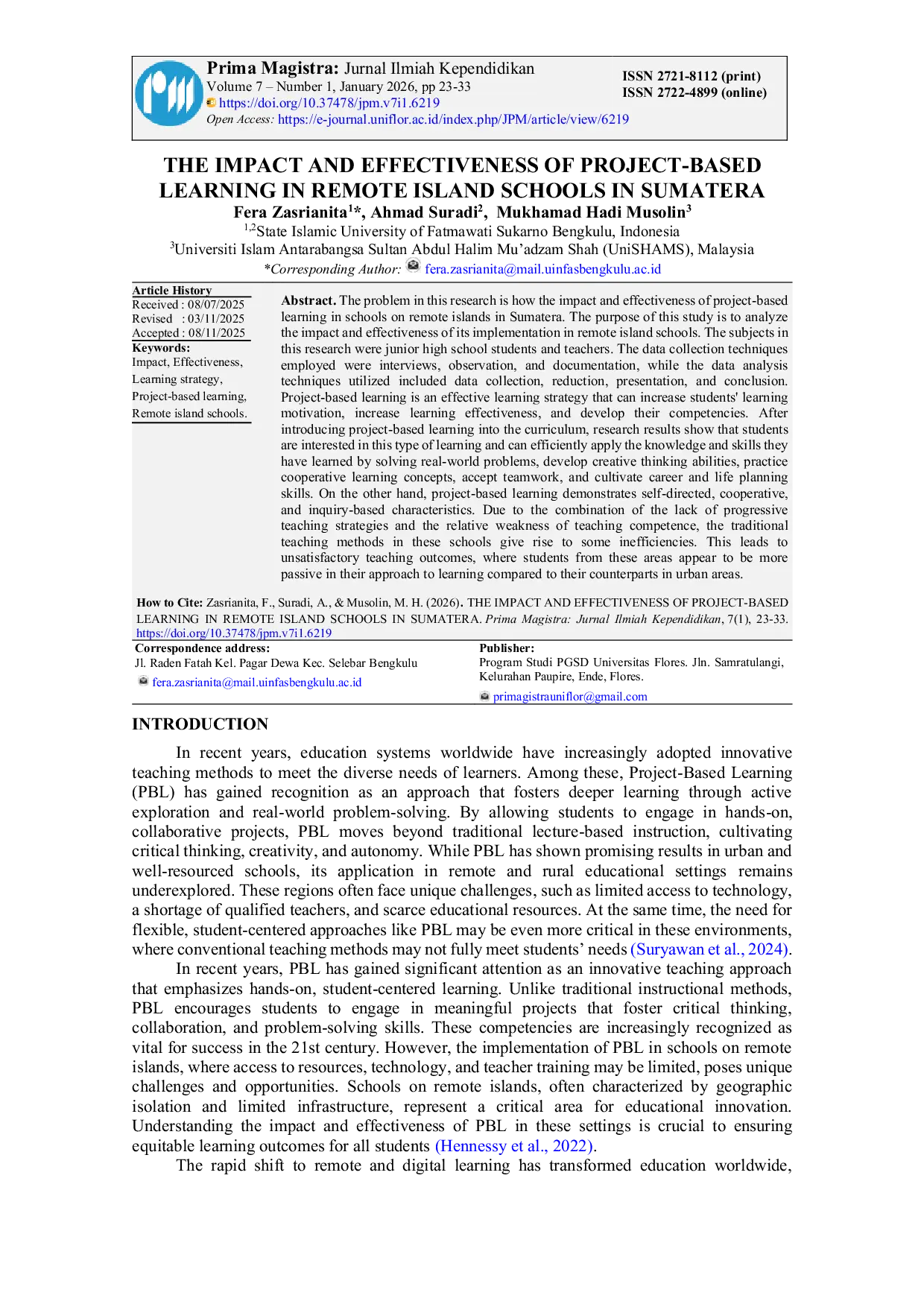 JURIS THE IMPACT AND EFFECTIVENESS OF PROJECT BASED LEARNING IN REMOTE ISLAND SCHOOLS IN SUMATERA