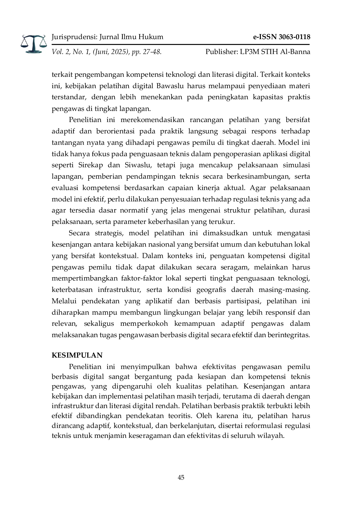 JURIS Peningkatan Kompetensi Digital Pengawas Pemilu melalui Pelatihan Berbasis Simulasi Studi Evaluatif Atas Efektivitas Program Bawaslu