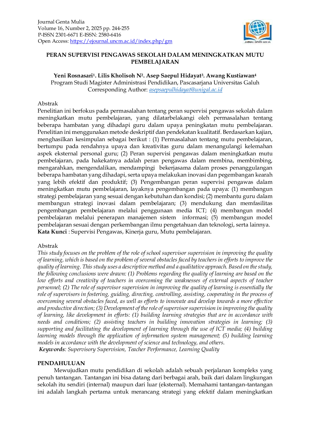 JURIS Peran Supervisi Pengawas Sekolah Dalam Meningkatkan Mutu Pembelajaran