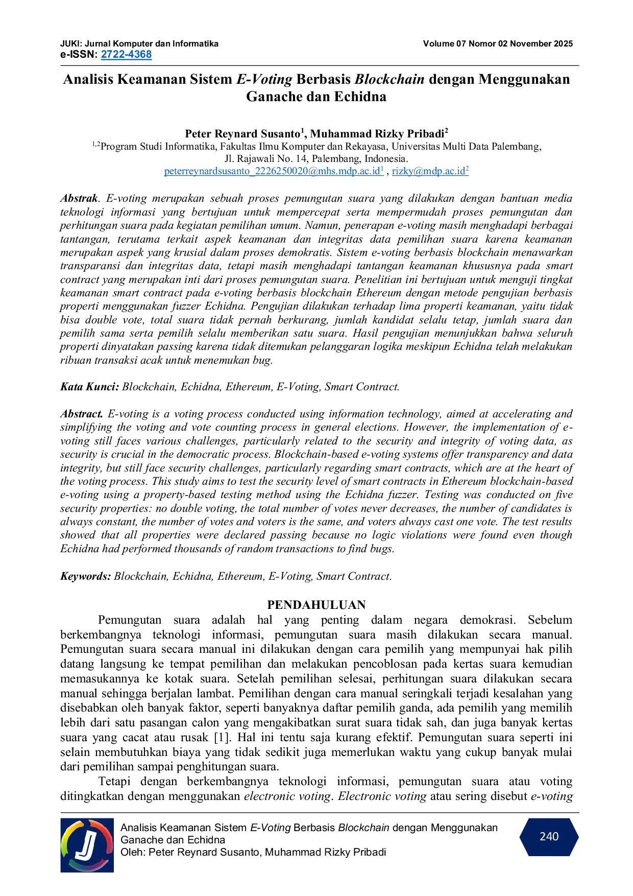 JURIS Analisis Keamanan Sistem E Voting Berbasis Blockchain Dengan Menggunakan Ganache Dan Echidna