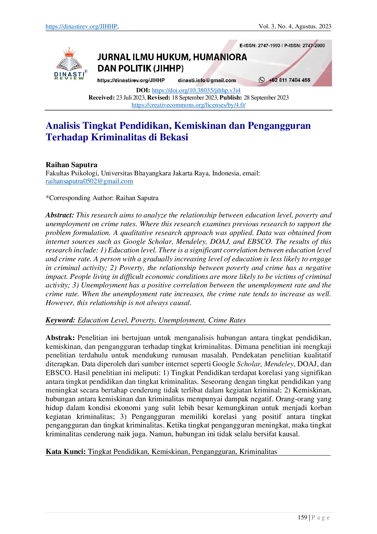 JURIS Analisis Tingkat Pendidikan Kemiskinan dan Pengangguran Terhadap Kriminalitas di Bekasi