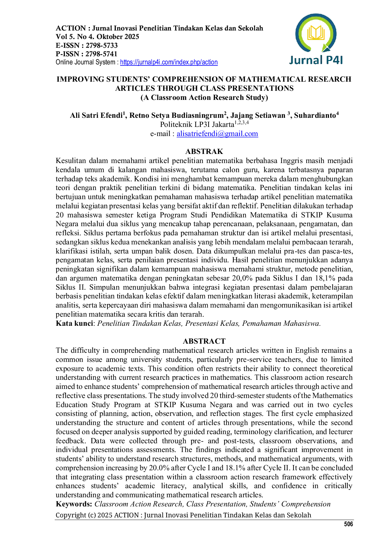 JURIS Improving Students Comprehension of Mathematical Research Articles Through Class Presentations
