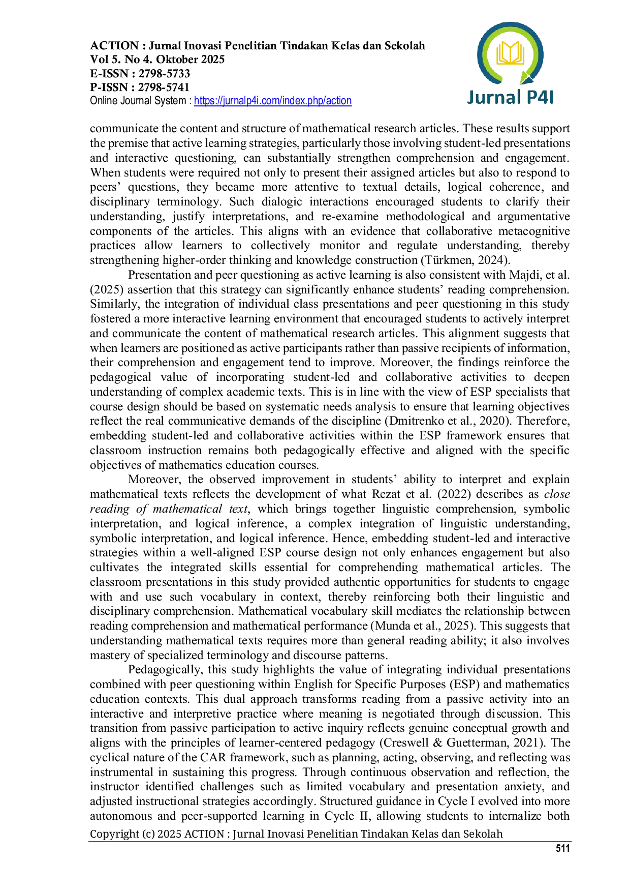 JURIS Improving Students Comprehension of Mathematical Research Articles Through Class Presentations