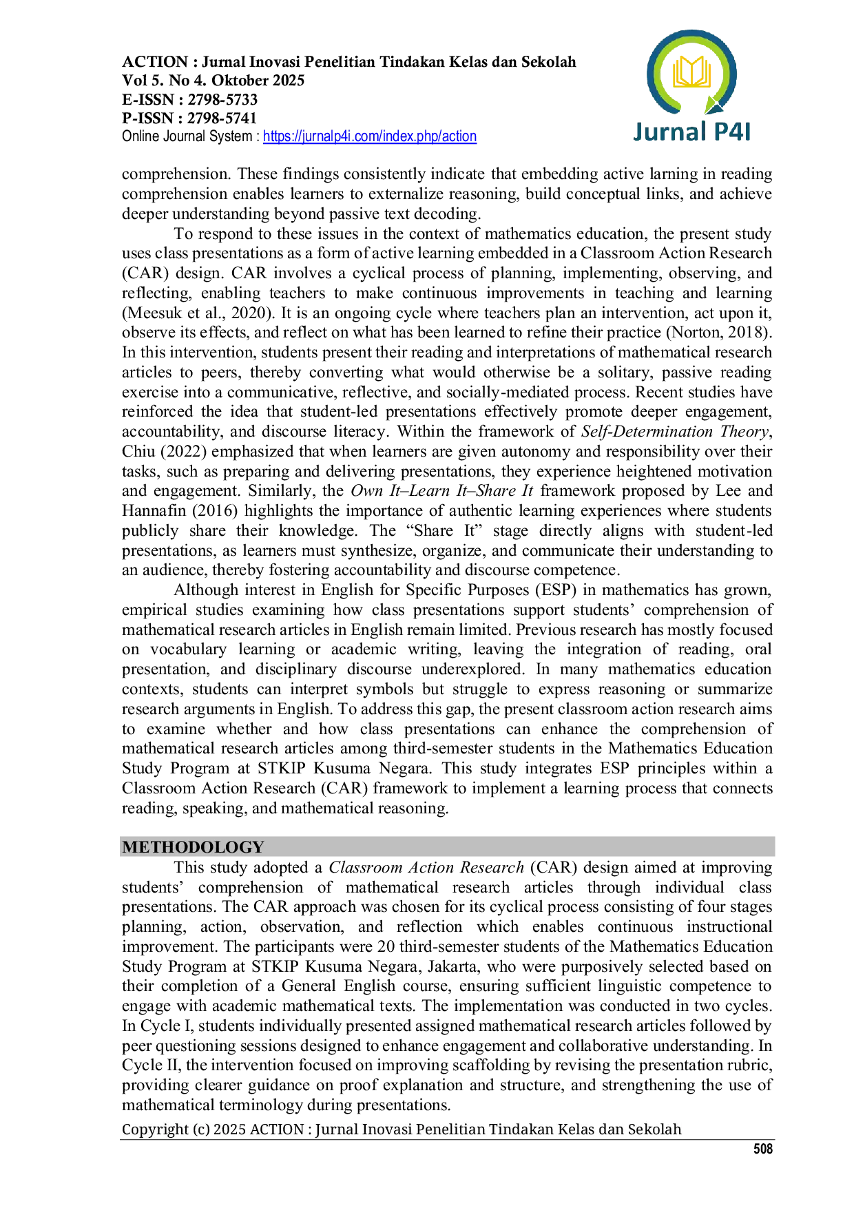 JURIS Improving Students Comprehension of Mathematical Research Articles Through Class Presentations