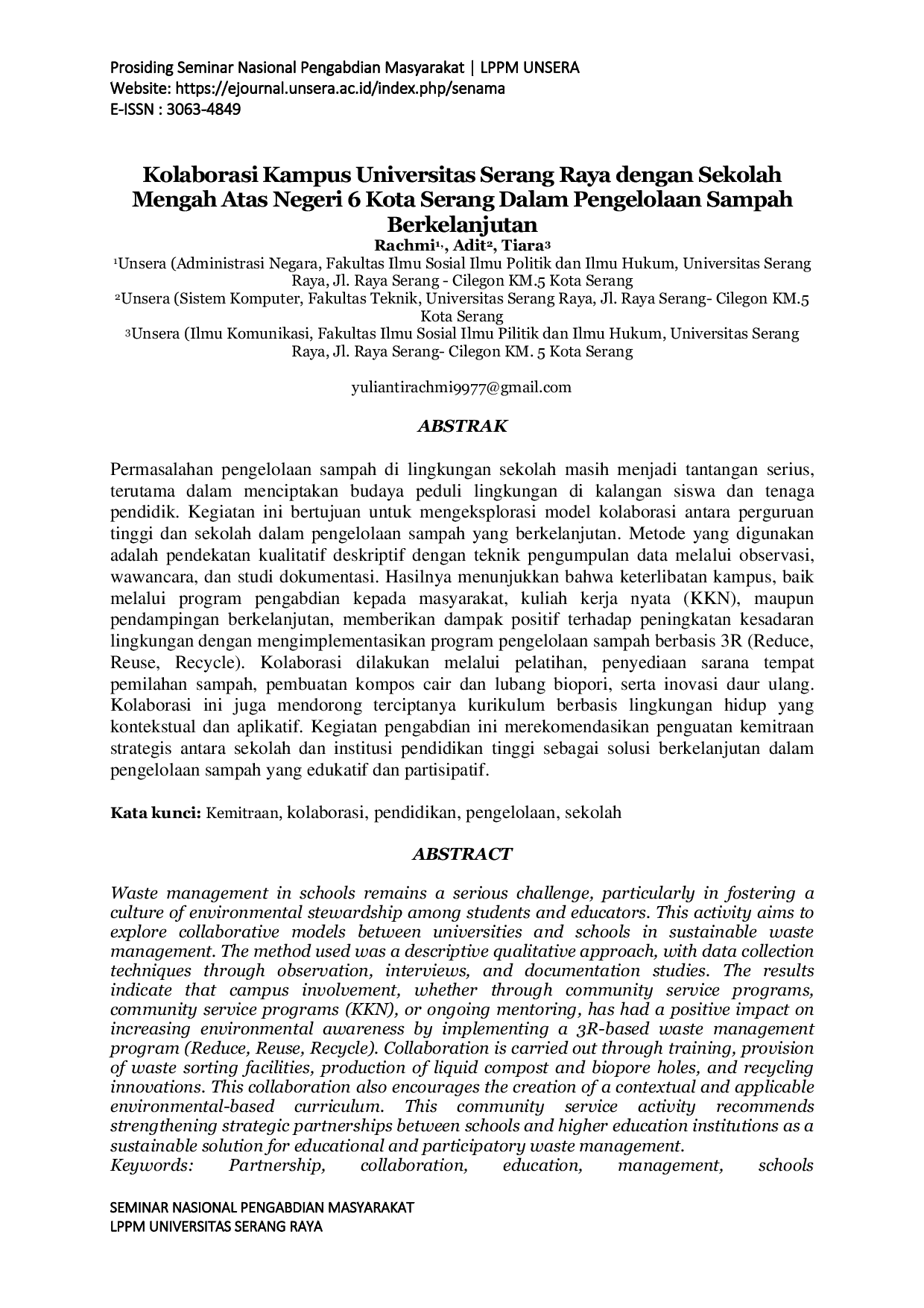 JURIS Kolaborasi Kampus Universitas Serang Raya dengan Sekolah Mengah Atas Negeri 6 Kota Serang Dalam Pengelolaan Sampah Berkelanjutan